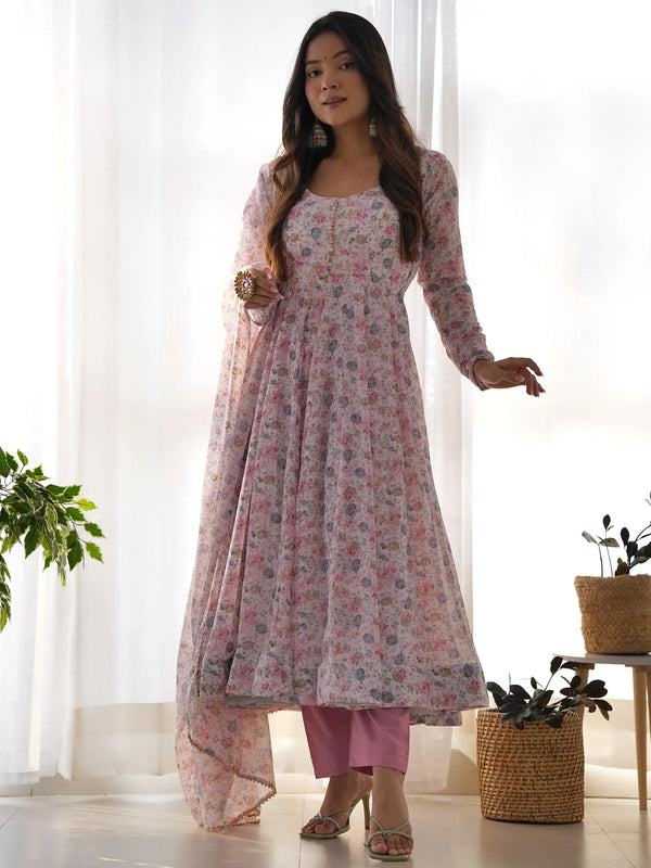 Precious Pink Digital Printed Chiffon Anarkali Suit With Dupatta - Zeel Clothing