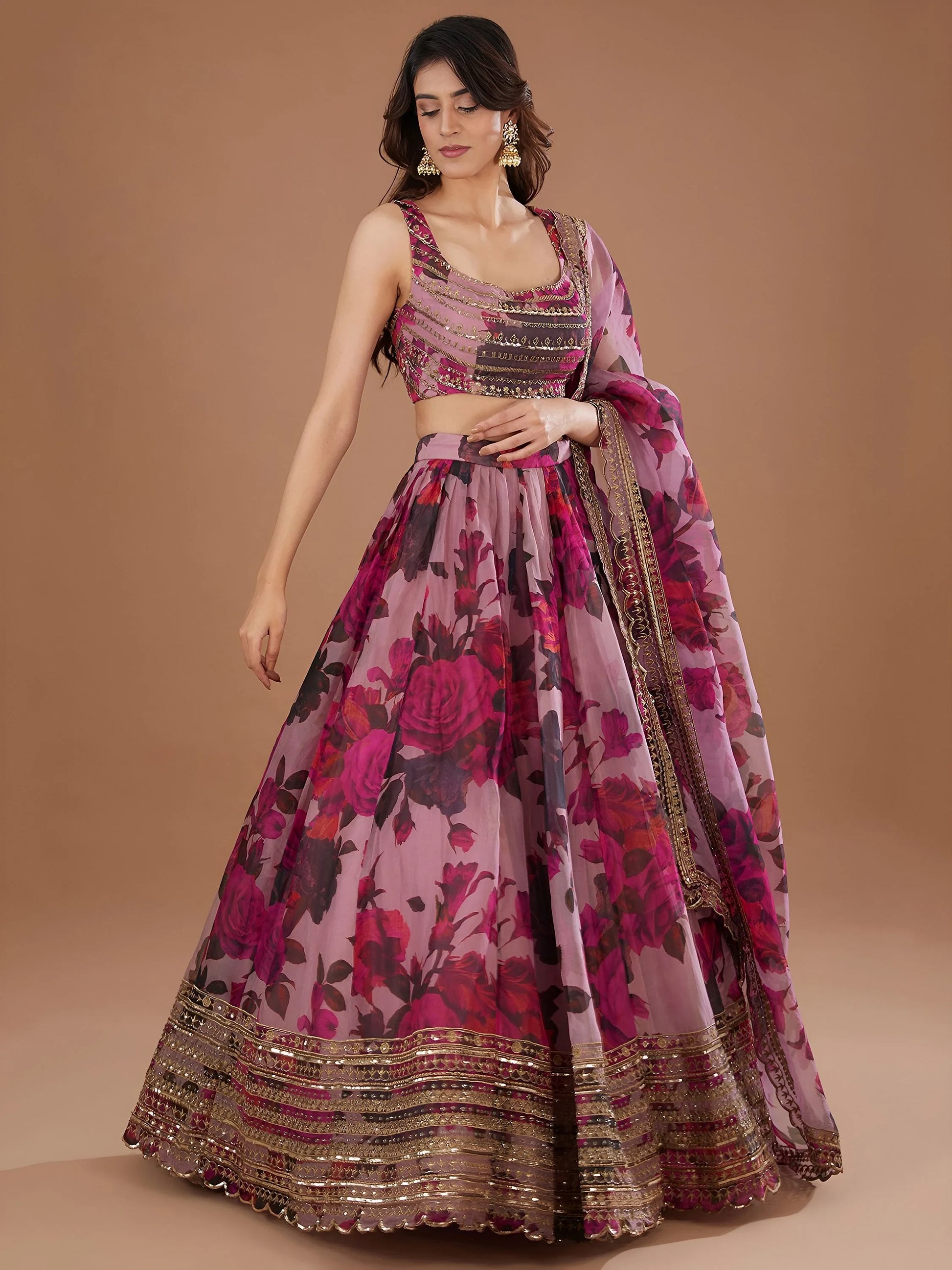 Precious Pink Floral Printed Organza Lehenga Choli With Dupatta