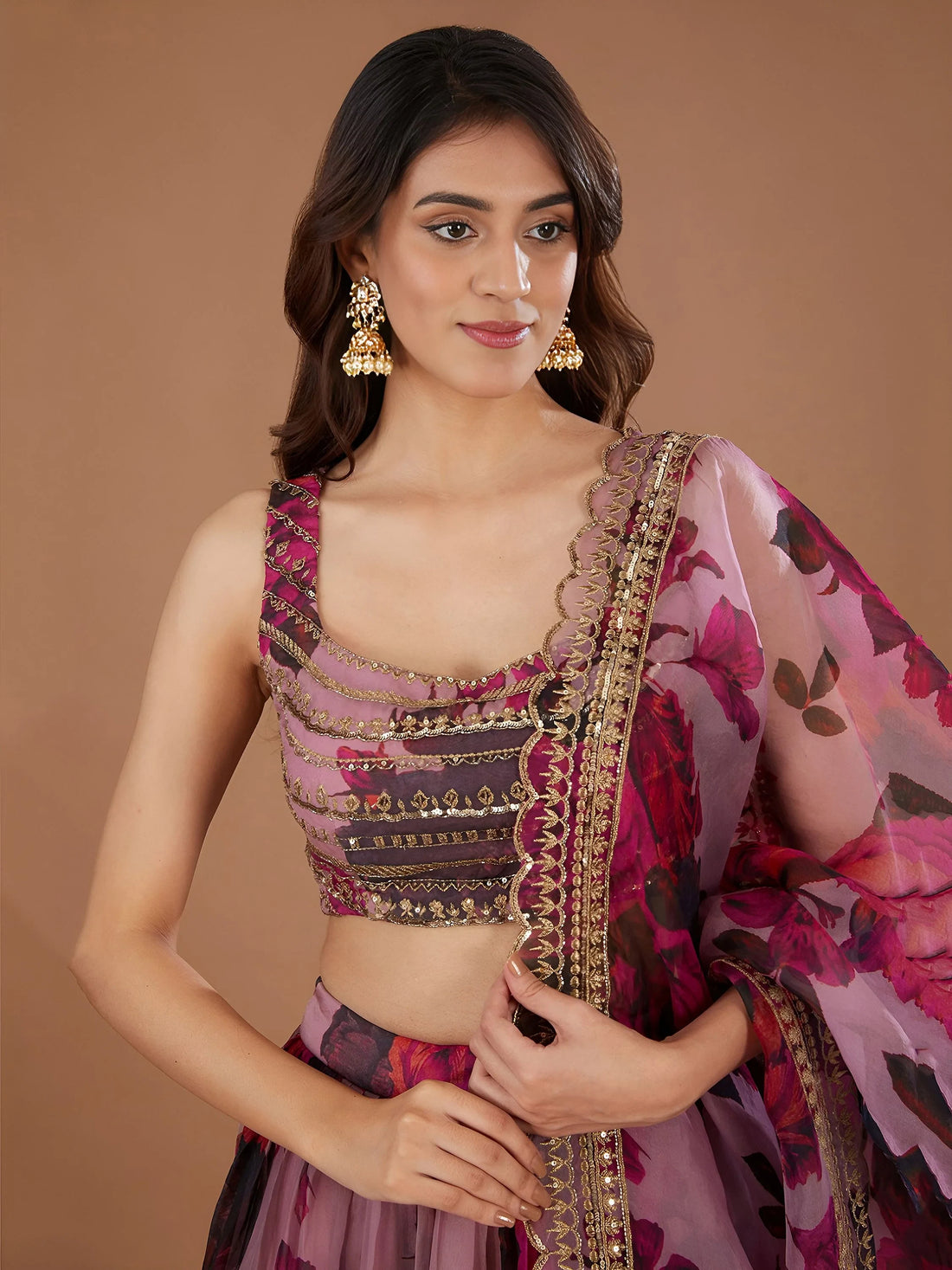 Precious Pink Floral Printed Organza Lehenga Choli With Dupatta