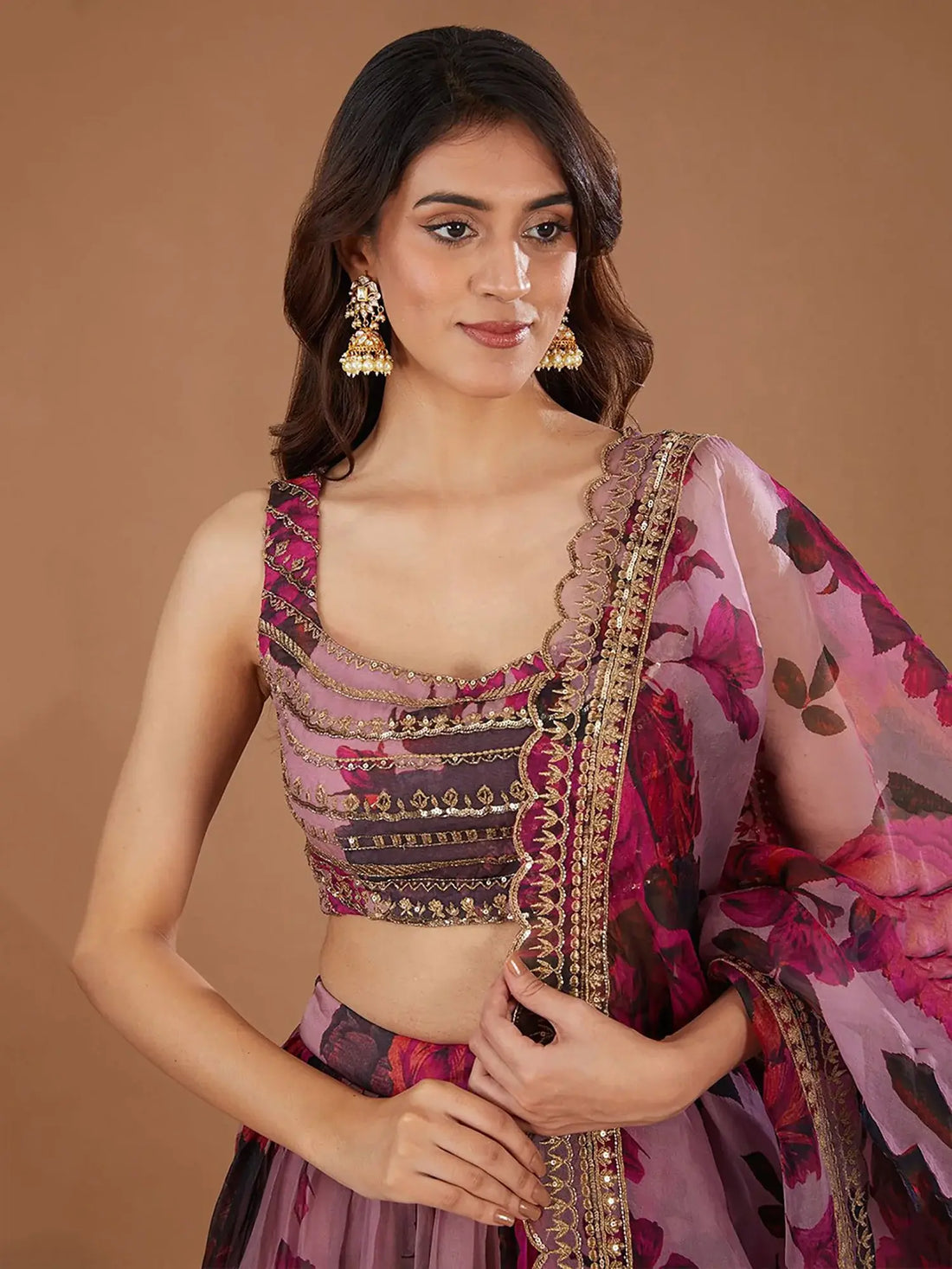Precious Pink Floral Printed Organza Lehenga Choli With Dupatta - Zeel Clothing