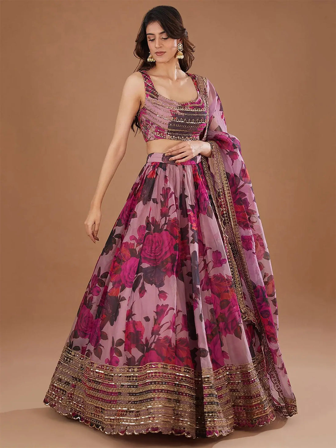 Precious Pink Floral Printed Organza Lehenga Choli With Dupatta - Zeel Clothing
