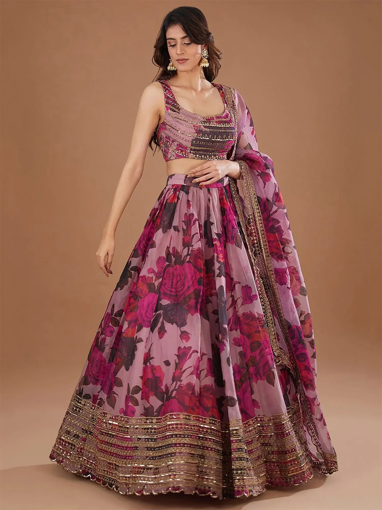 Precious Pink Floral Printed Organza Lehenga Choli With Dupatta - Zeel Clothing