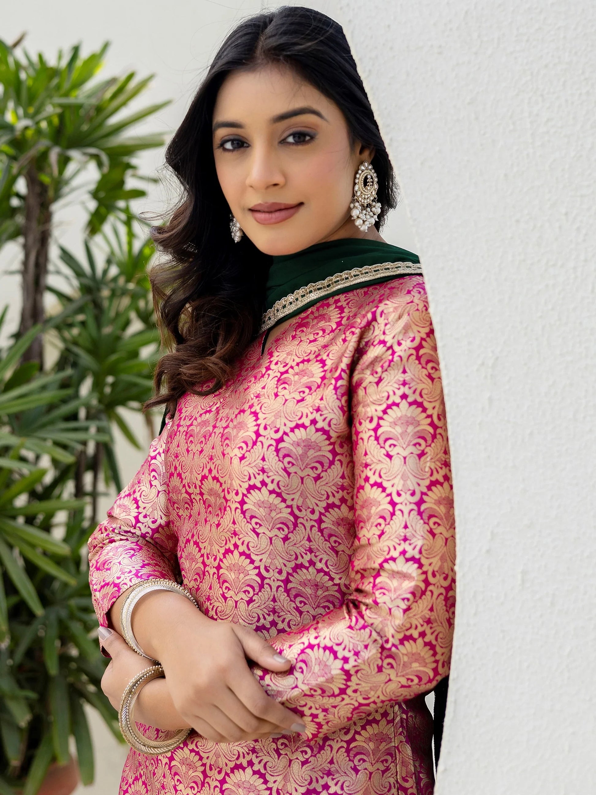 Precious Pink Zari Weaving Jacquard Festive Wear Sharara Suit