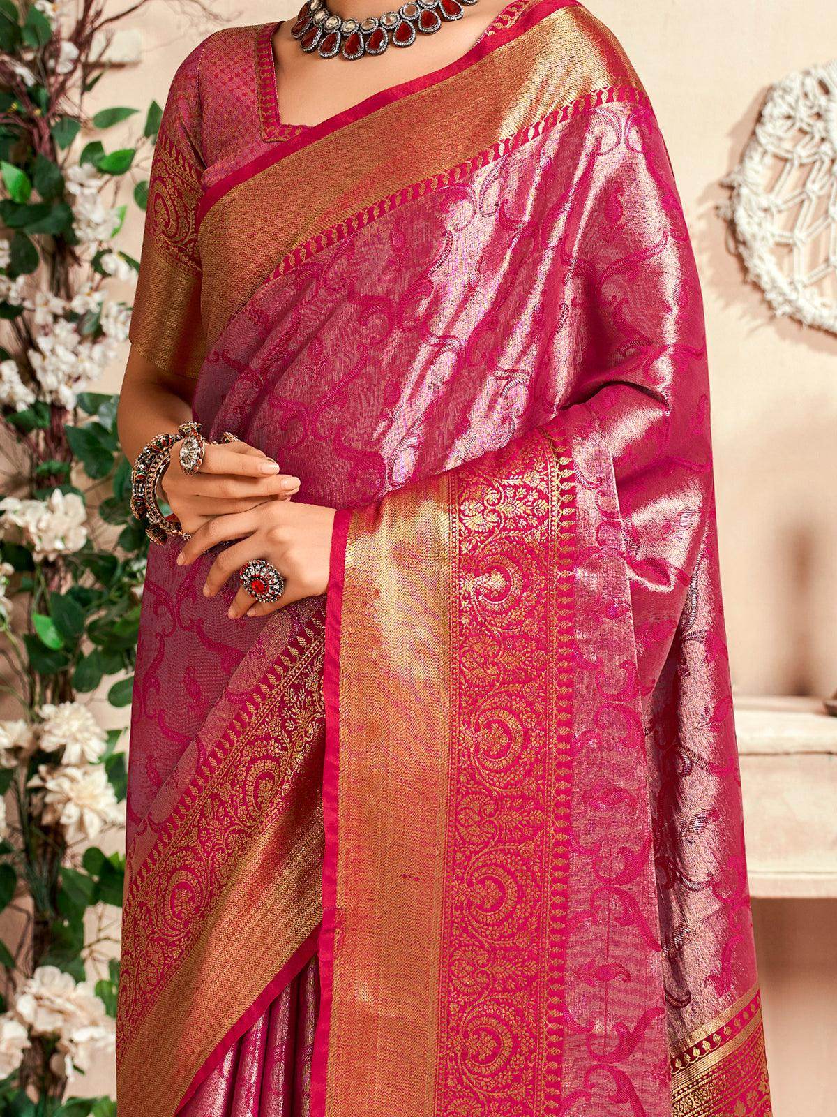 Precious Pink Zari Weaving Silk Festival Wear Saree With Blouse - Zeel Clothing