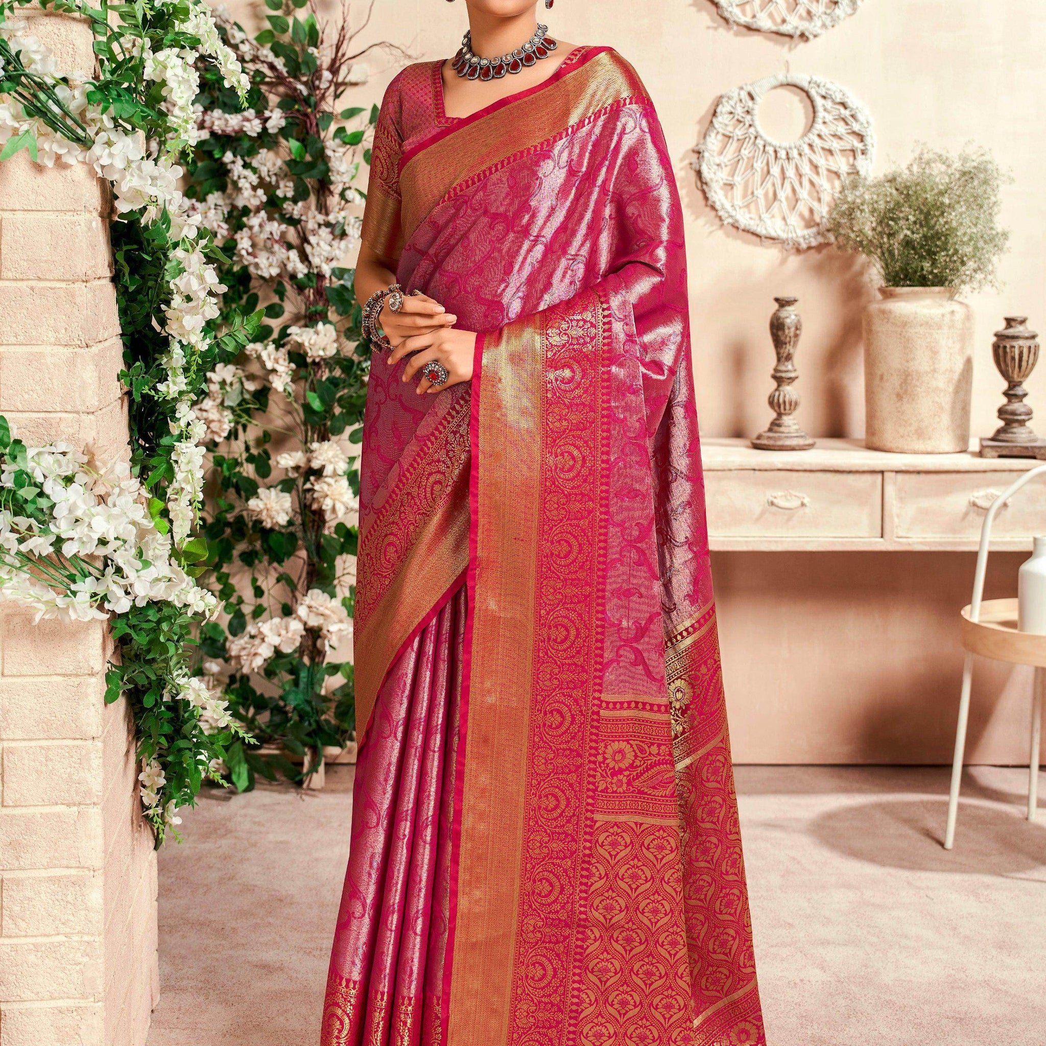 Precious Pink Zari Weaving Silk Festival Wear Saree With Blouse - Zeel Clothing