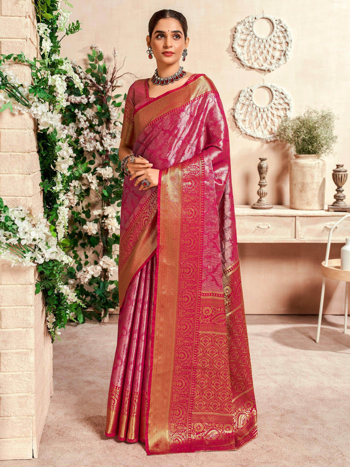 Precious Pink Zari Weaving Silk Festival Wear Saree With Blouse - Zeel Clothing