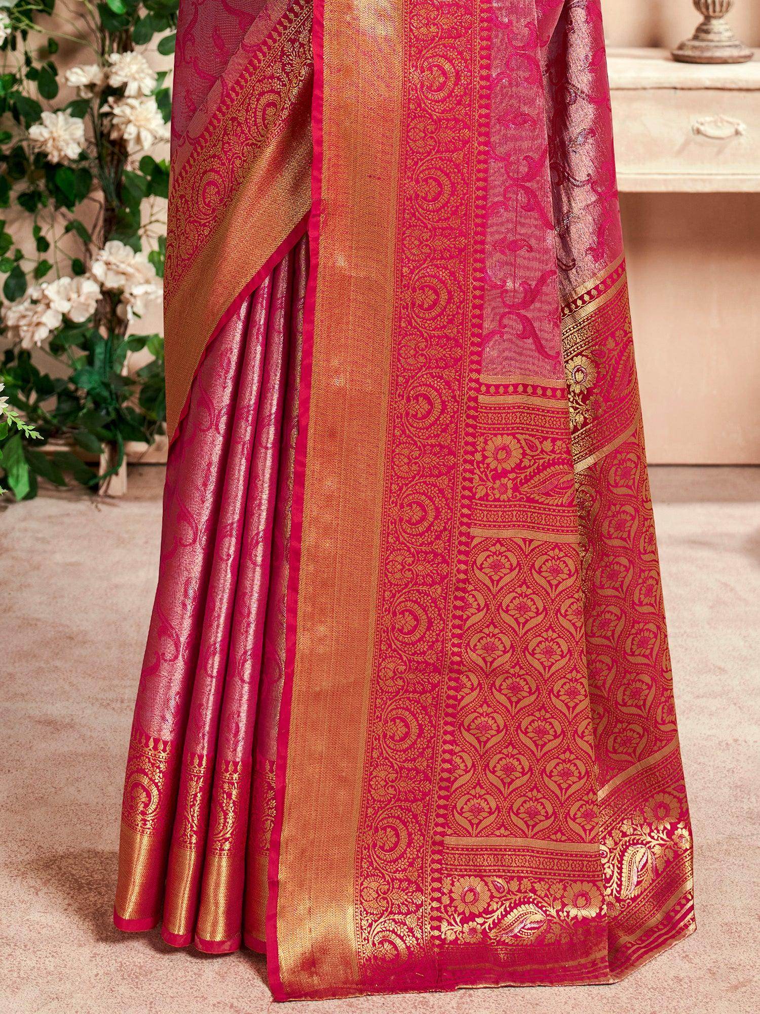 Precious Pink Zari Weaving Silk Festival Wear Saree With Blouse - Zeel Clothing