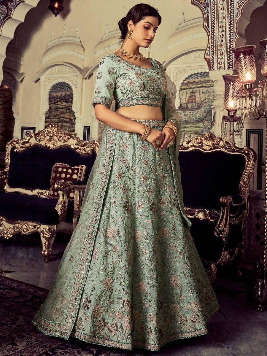 Precious Pista Green Embroidered Georgette Reception Lehenga Choli - Zeel Clothing