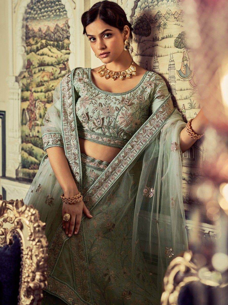 Precious Pista Green Embroidered Georgette Reception Lehenga Choli - Zeel Clothing