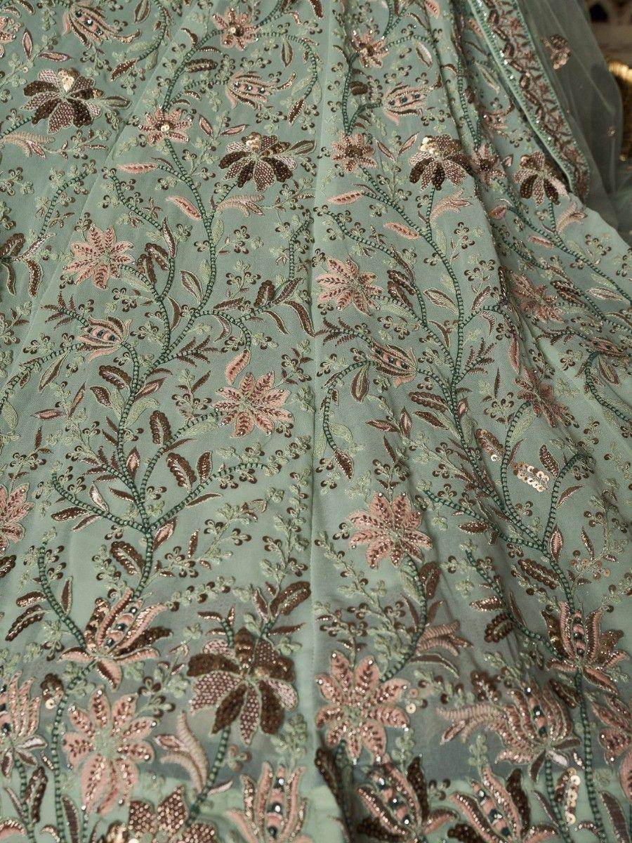 Precious Pista Green Embroidered Georgette Reception Lehenga Choli - Zeel Clothing