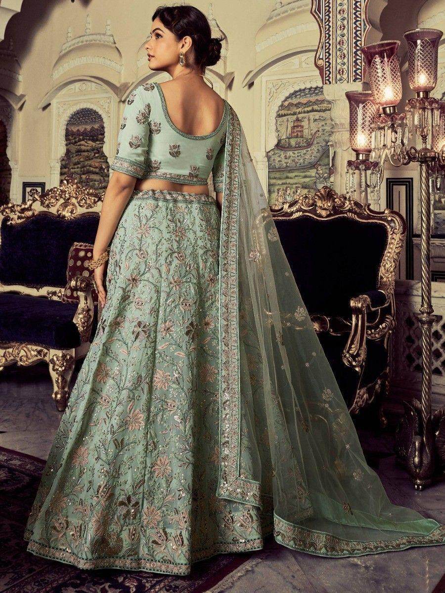 Precious Pista Green Embroidered Georgette Reception Lehenga Choli - Zeel Clothing