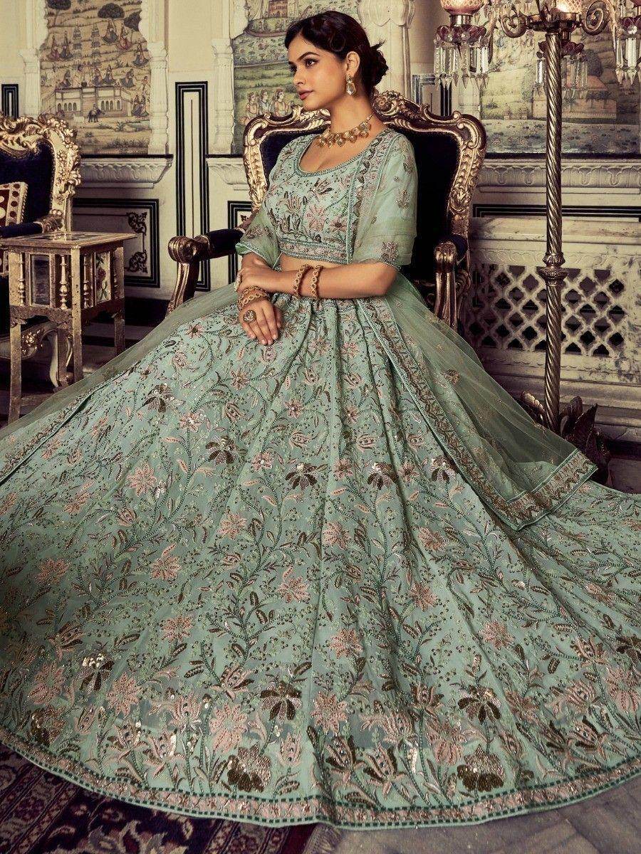 Precious Pista Green Embroidered Georgette Reception Lehenga Choli - Zeel Clothing