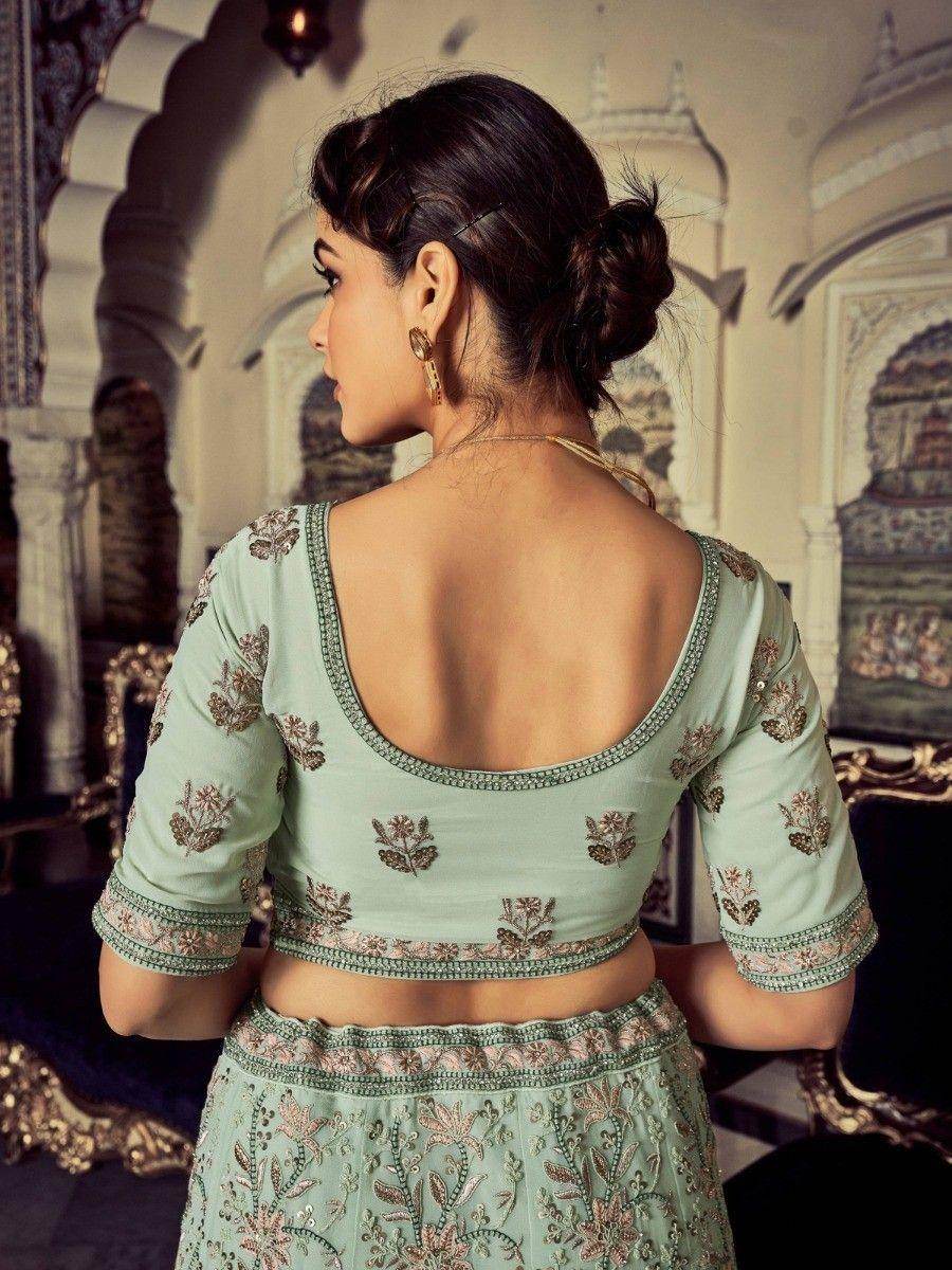 Precious Pista Green Embroidered Georgette Reception Lehenga Choli - Zeel Clothing
