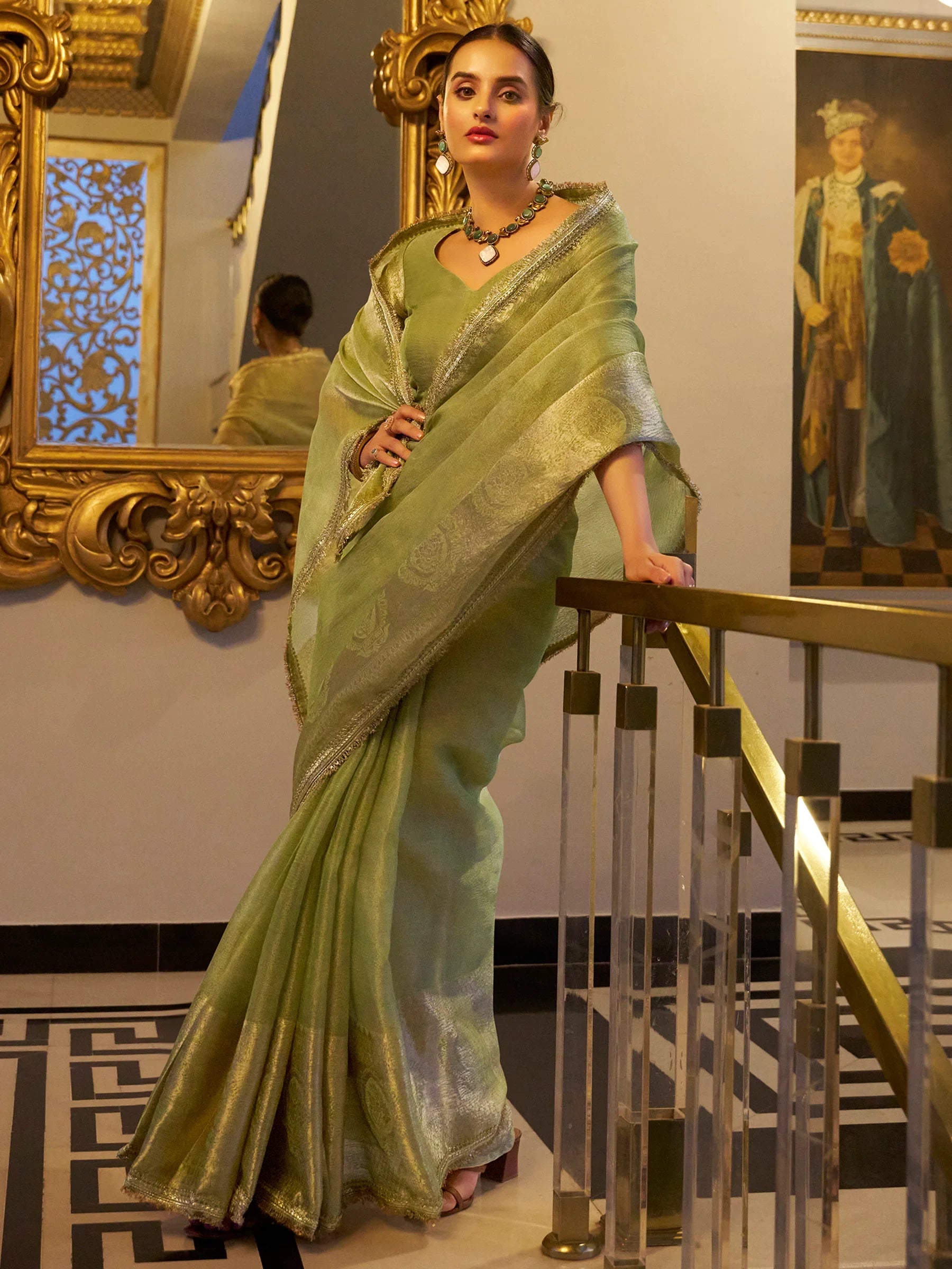 Precious Pista Green Zari Weaving Tissue Silk Event Wear Saree - Zeel Clothing