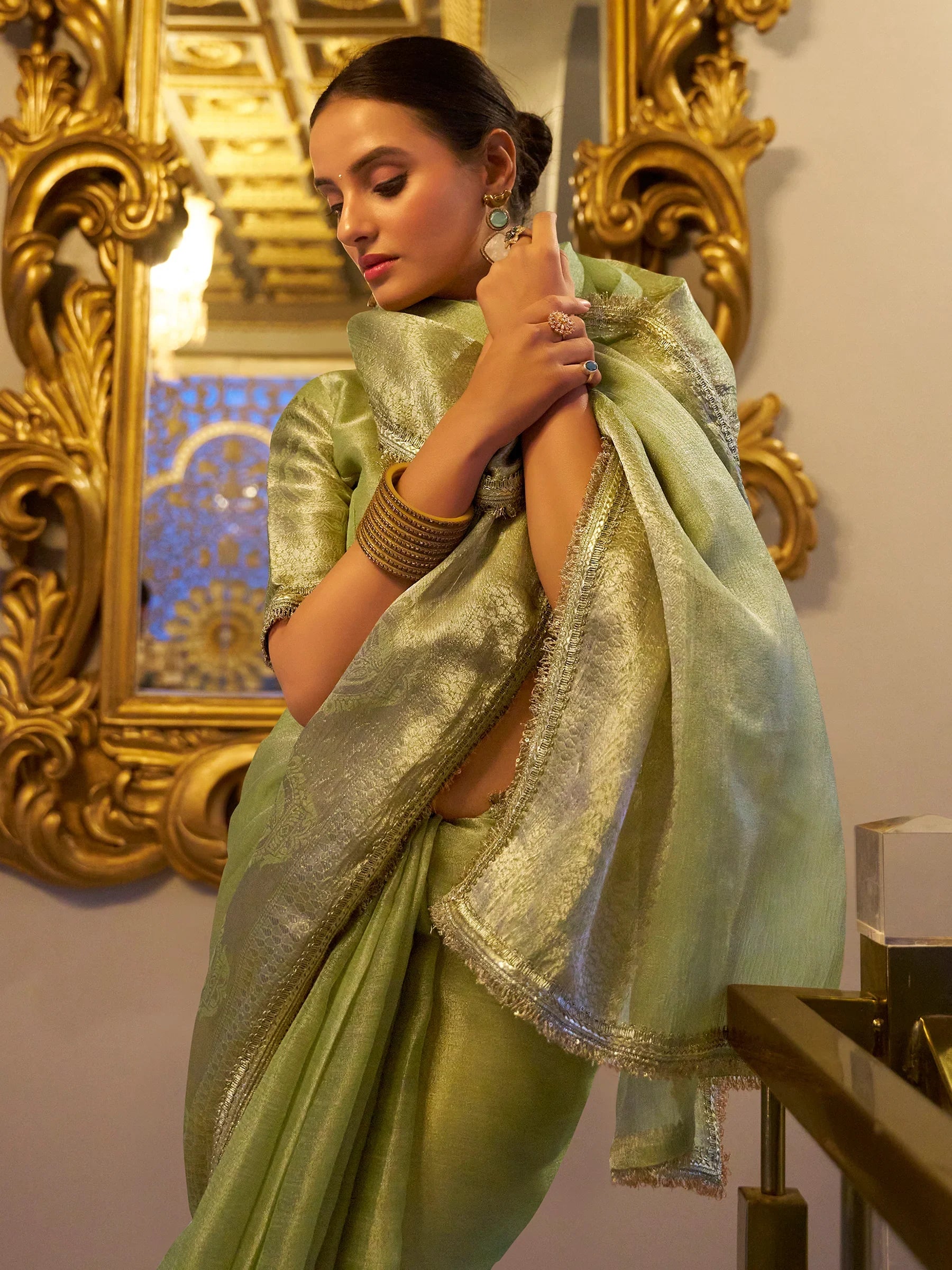 Precious Pista Green Zari Weaving Tissue Silk Event Wear Saree - Zeel Clothing