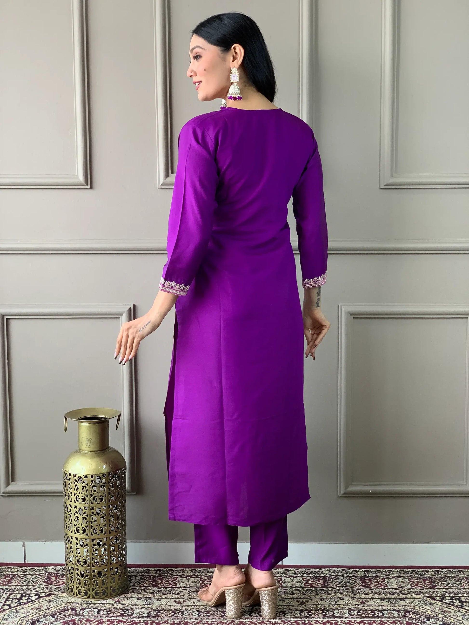 Precious Purple Embroidered Chanderi Silk Pant Suit With Dupatta - Zeel Clothing