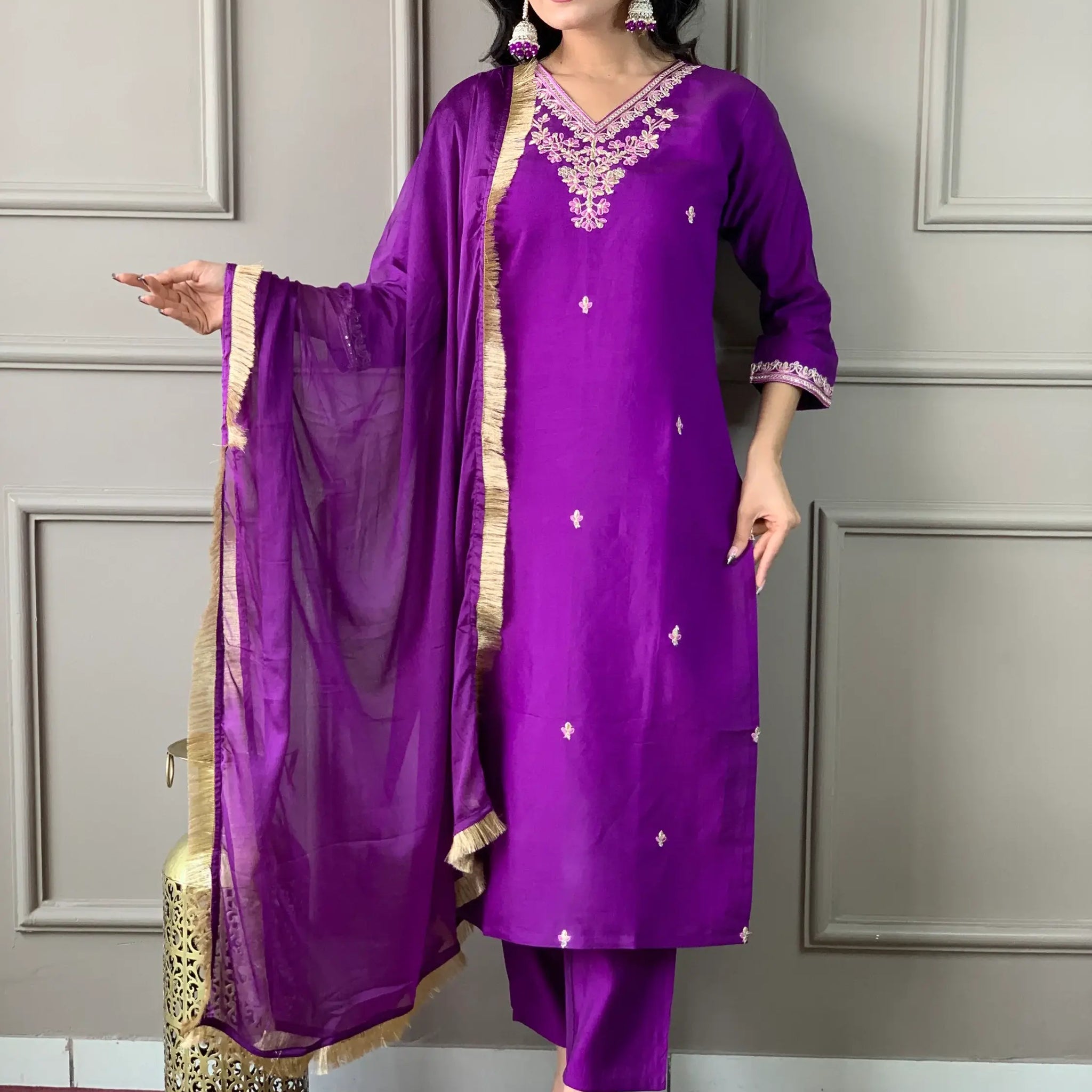 Precious Purple Embroidered Chanderi Silk Pant Suit With Dupatta - Zeel Clothing