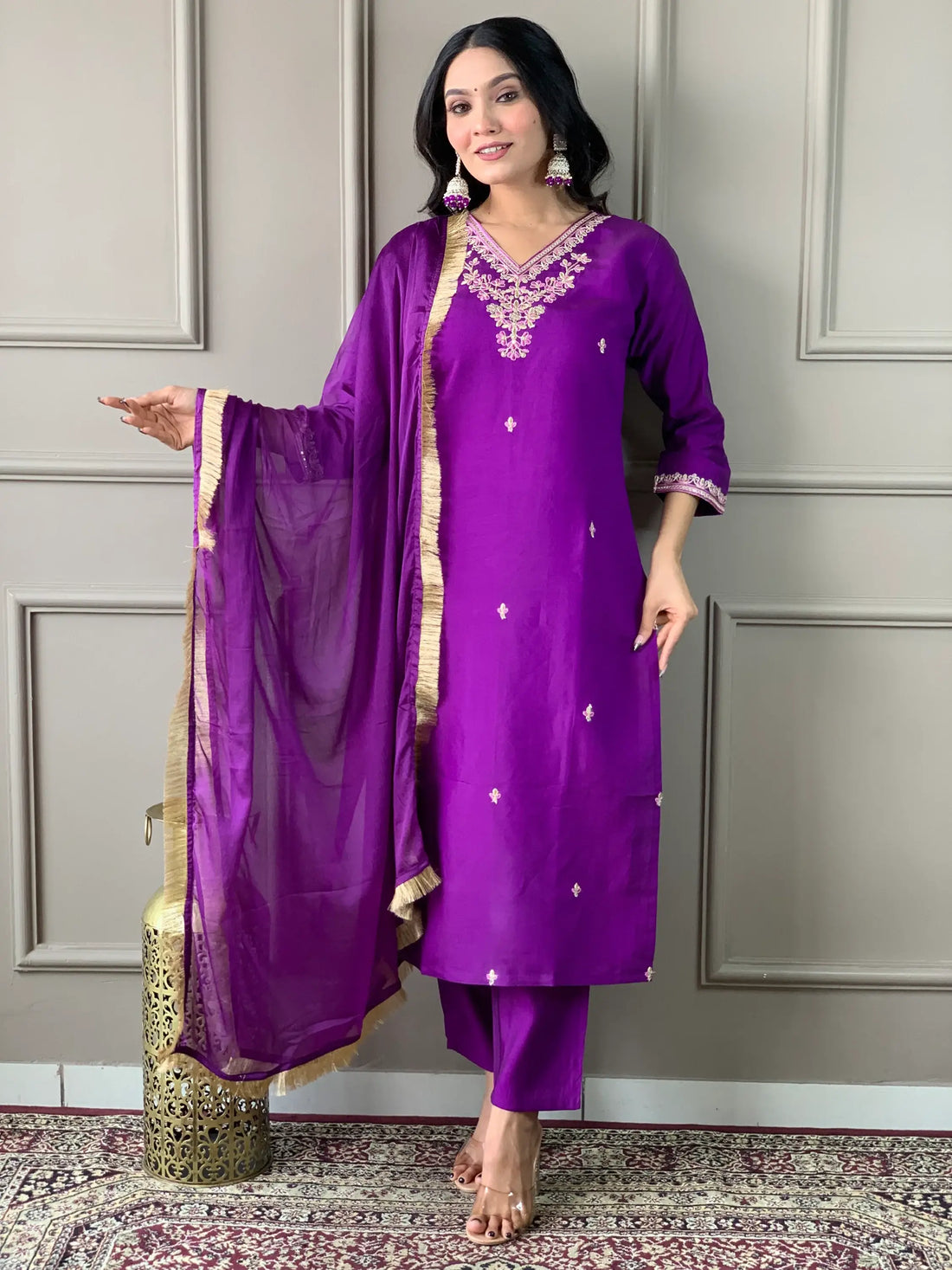 Precious Purple Embroidered Chanderi Silk Pant Suit With Dupatta - Zeel Clothing