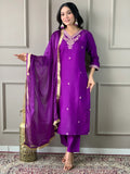 Precious Purple Embroidered Chanderi Silk Pant Suit With Dupatta - Zeel Clothing