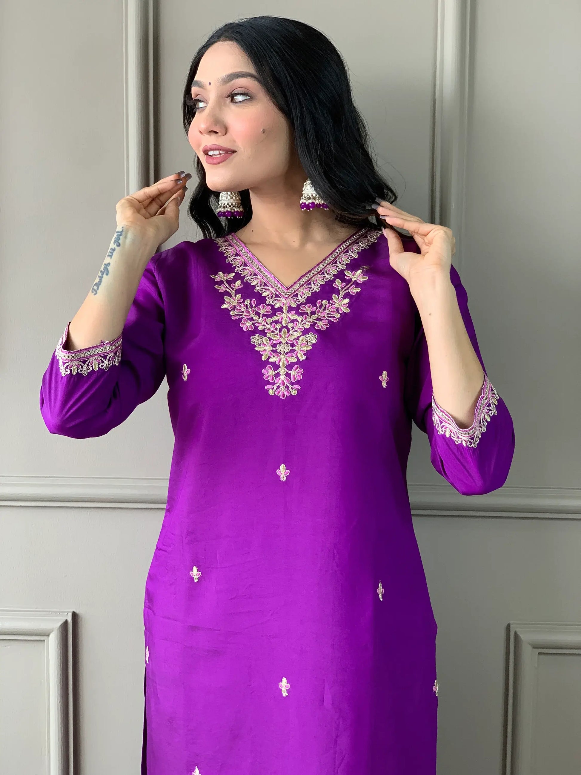 Precious Purple Embroidered Chanderi Silk Pant Suit With Dupatta - Zeel Clothing