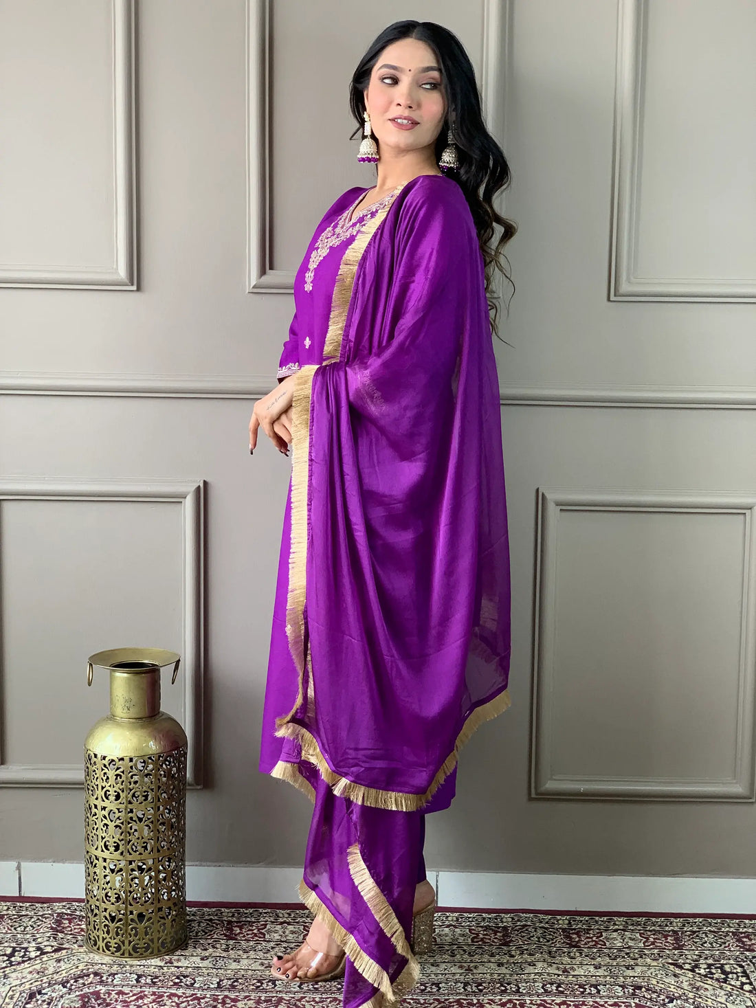 Precious Purple Embroidered Chanderi Silk Pant Suit With Dupatta - Zeel Clothing