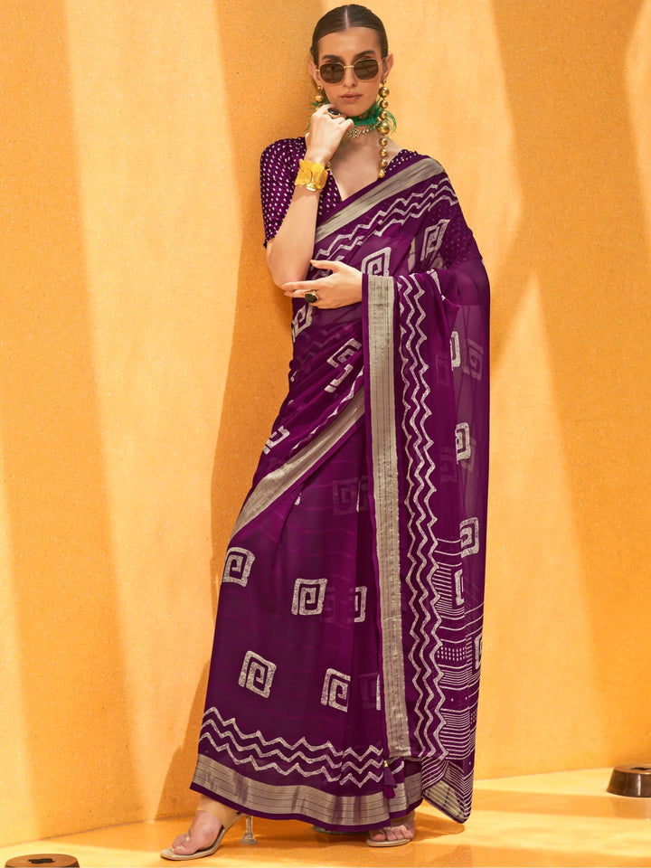 Precious Purple Foil Printed Georgette Function Wear Saree With Blouse - Zeel Clothing