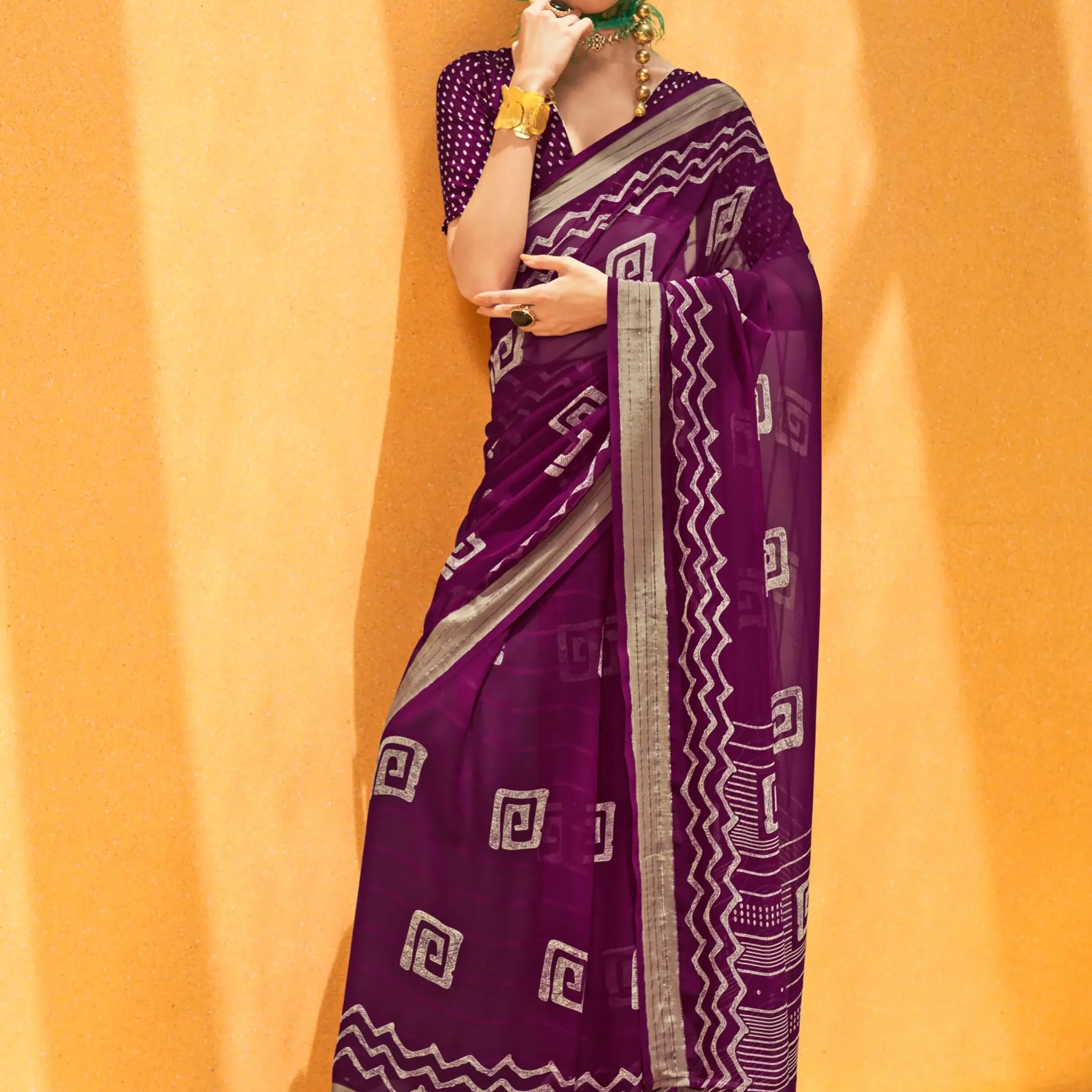 Precious Purple Foil Printed Georgette Function Wear Saree With Blouse - Zeel Clothing
