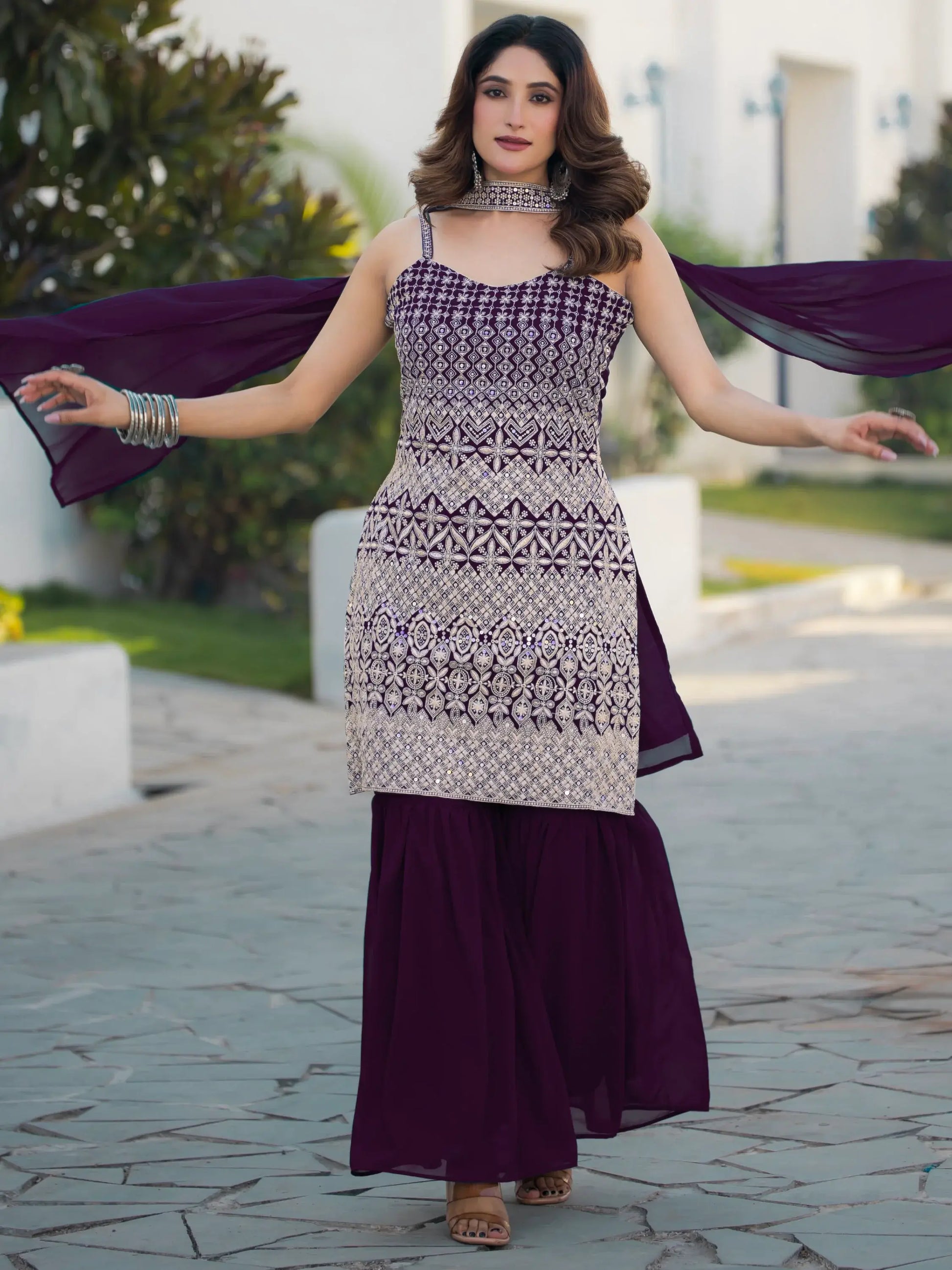 Precious Purple Sequins Work Georgette Festive Wear Sharara Suit - Zeel Clothing