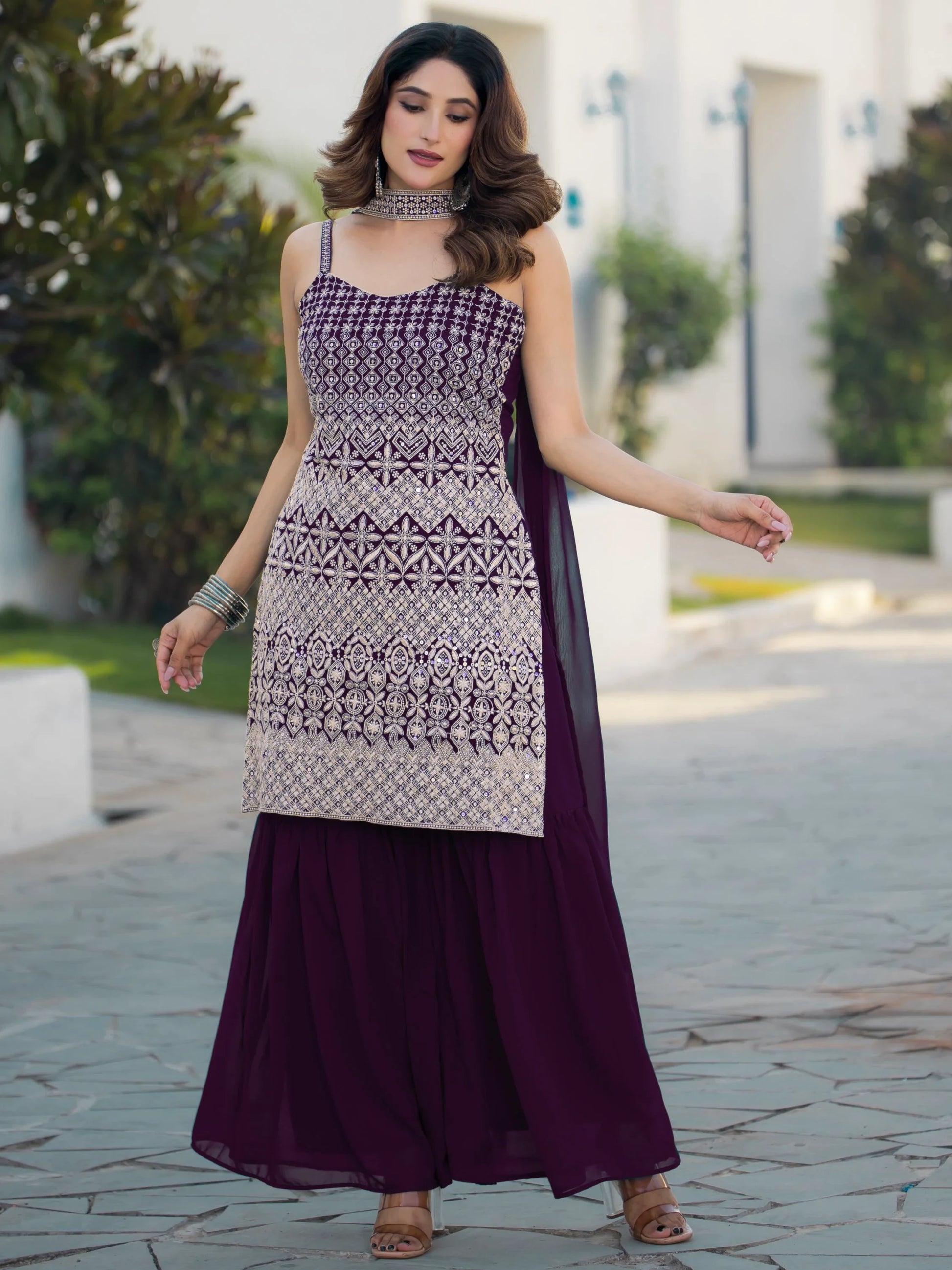 Precious Purple Sequins Work Georgette Festive Wear Sharara Suit - Zeel Clothing