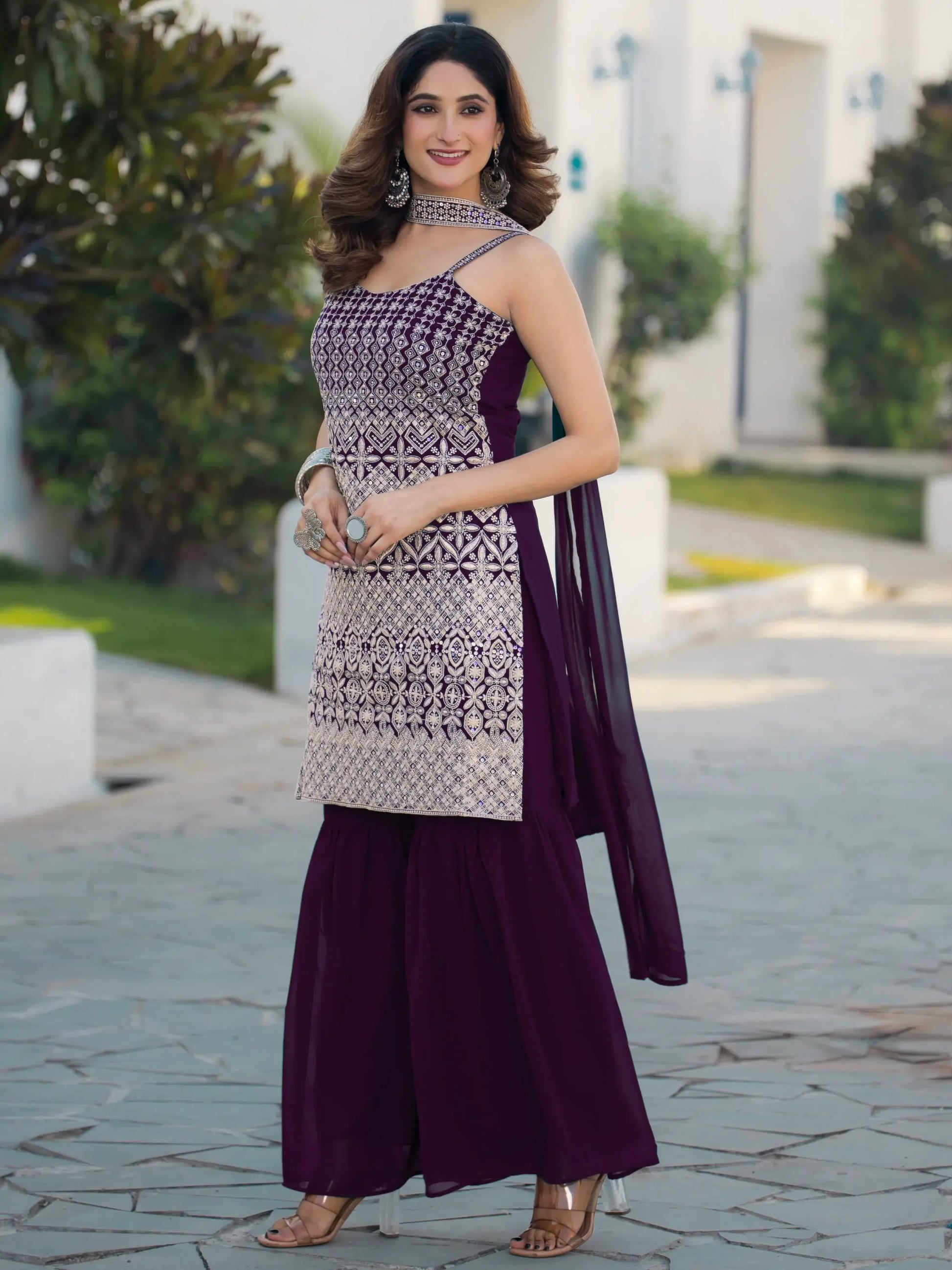 Precious Purple Sequins Work Georgette Festive Wear Sharara Suit - Zeel Clothing