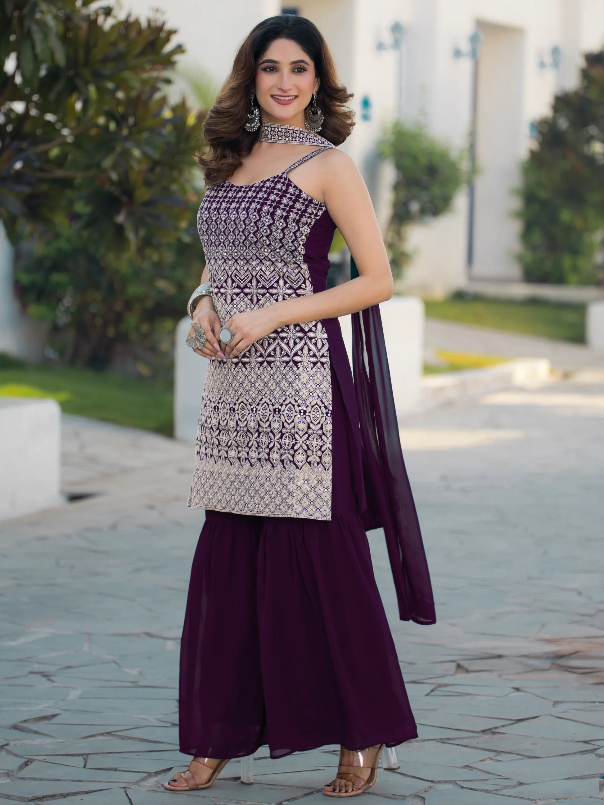Precious Purple Sequins Work Georgette Festive Wear Sharara Suit - Zeel Clothing