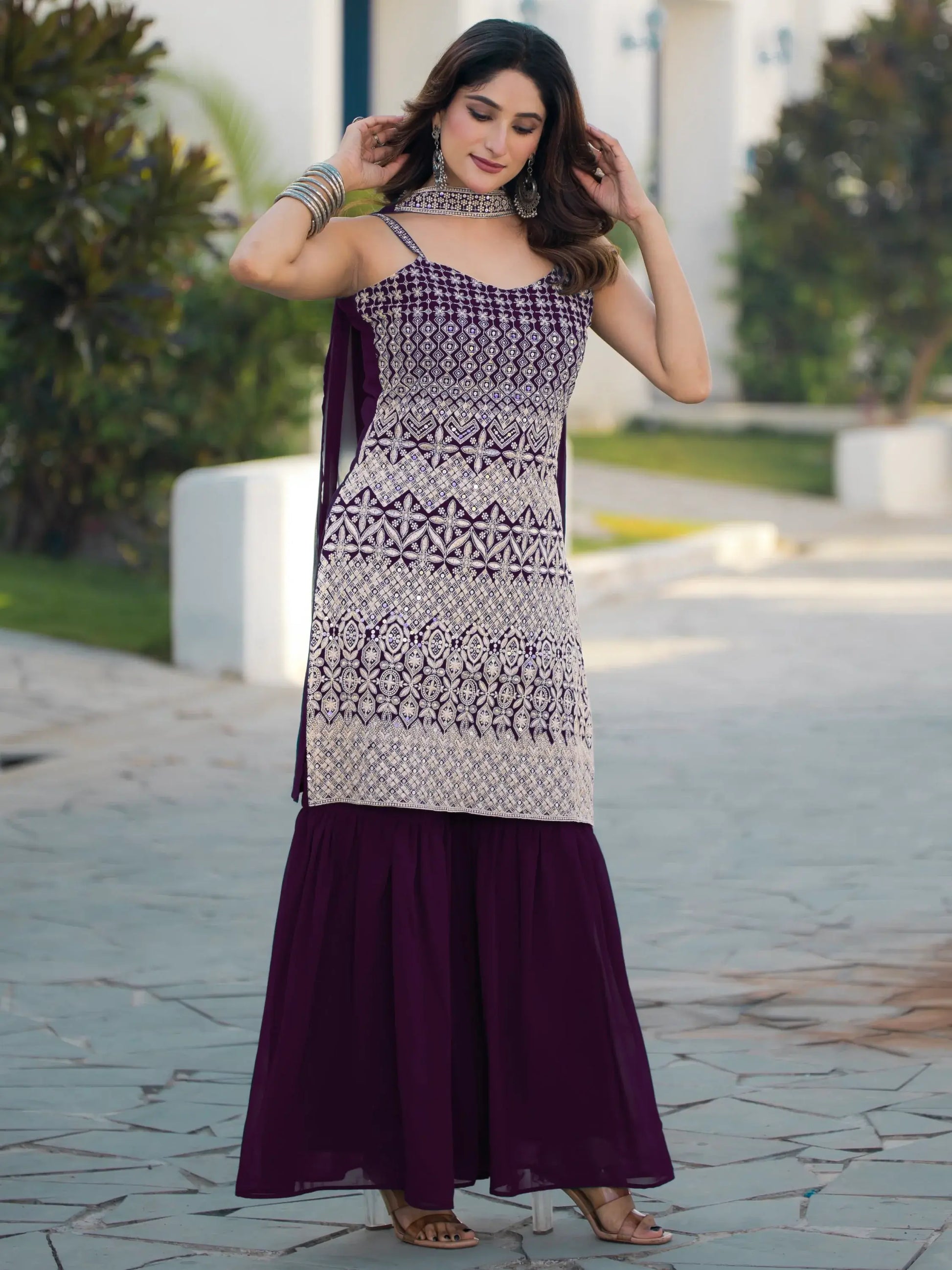 Precious Purple Sequins Work Georgette Festive Wear Sharara Suit - Zeel Clothing