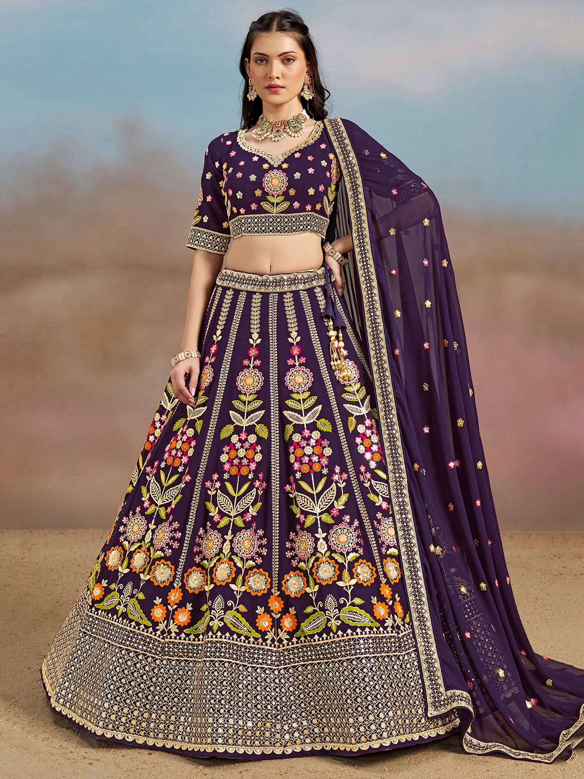 Precious Purple Thread Embroidered Georgette Bridesmaid Lehenga Choli - Zeel Clothing