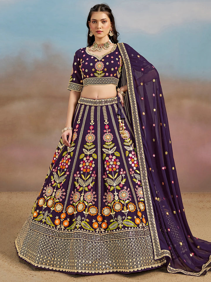 Precious Purple Thread Embroidered Georgette Bridesmaid Lehenga Choli - Zeel Clothing