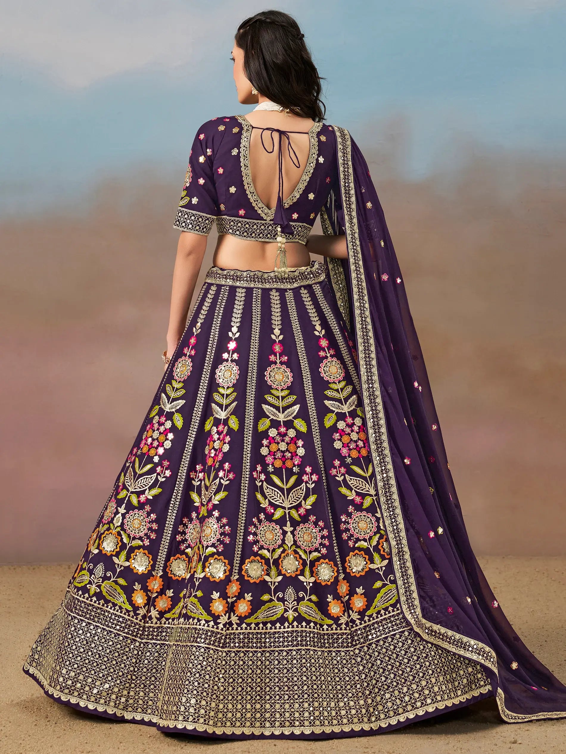 Precious Purple Thread Embroidered Georgette Bridesmaid Lehenga Choli - Zeel Clothing