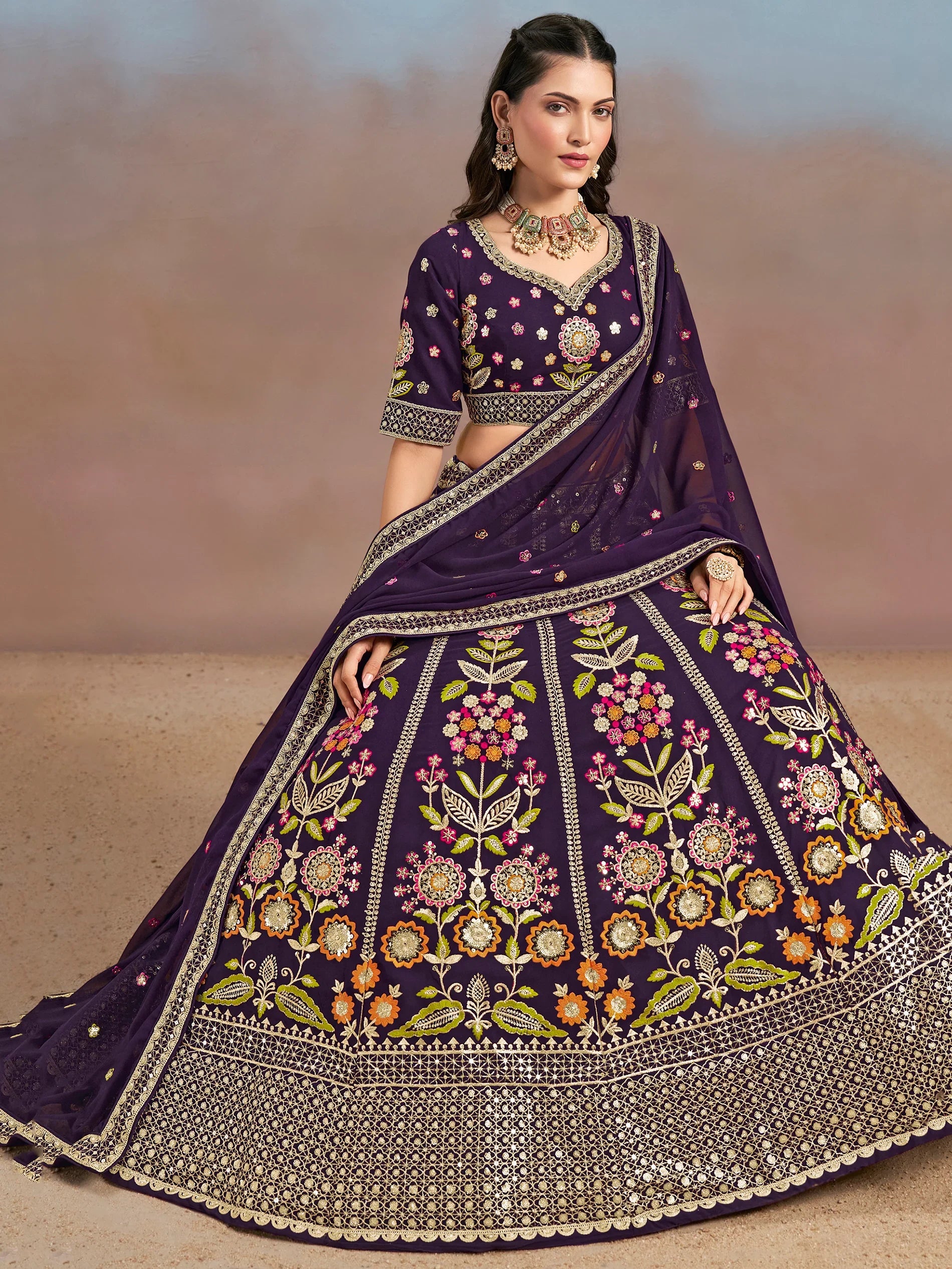 Precious Purple Thread Embroidered Georgette Bridesmaid Lehenga Choli - Zeel Clothing