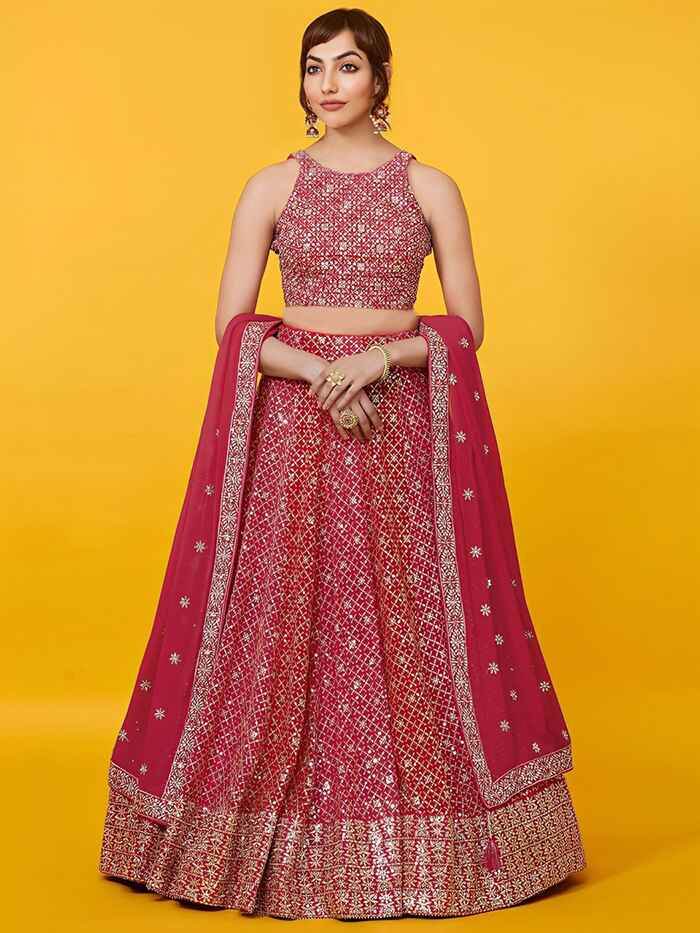 Precious Red Sequins Georgette Wedding Lehenga Choli With Dupatta - Zeel Clothing