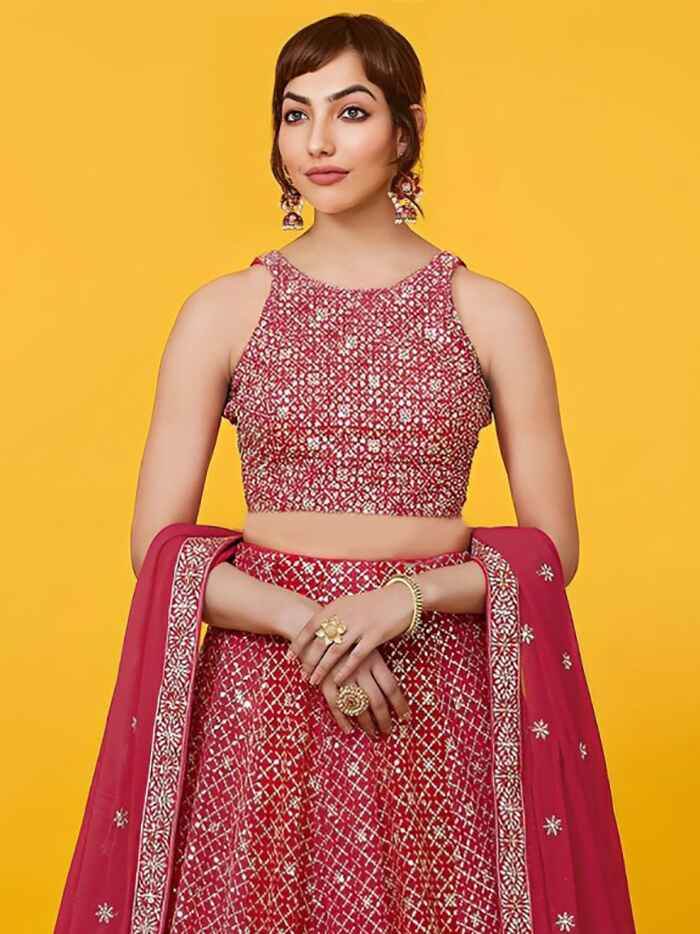 Precious Red Sequins Georgette Wedding Lehenga Choli With Dupatta - Zeel Clothing
