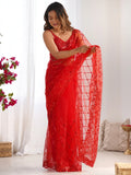 Precious Red Sequins Net Cocktail Party Wear Saree With Blouse - Zeel Clothing