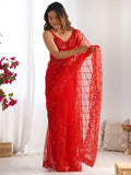 Precious Red Sequins Net Cocktail Party Wear Saree With Blouse - Zeel Clothing