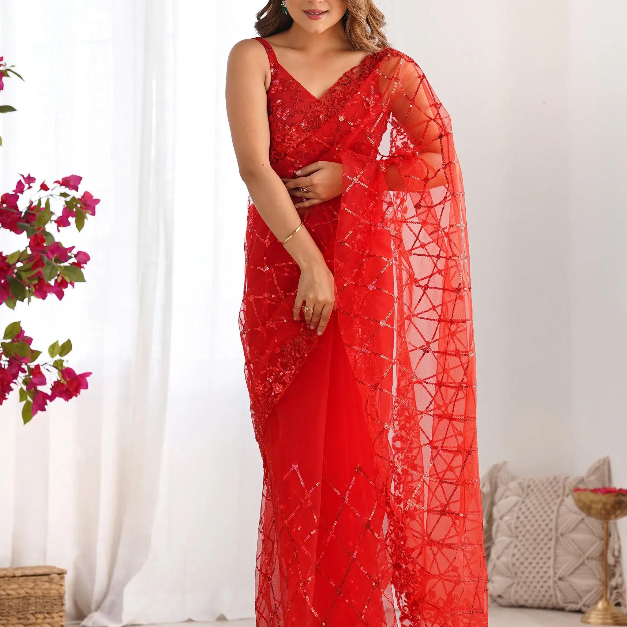 Precious Red Sequins Net Cocktail Party Wear Saree With Blouse - Zeel Clothing