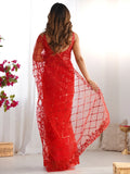 Precious Red Sequins Net Cocktail Party Wear Saree With Blouse - Zeel Clothing