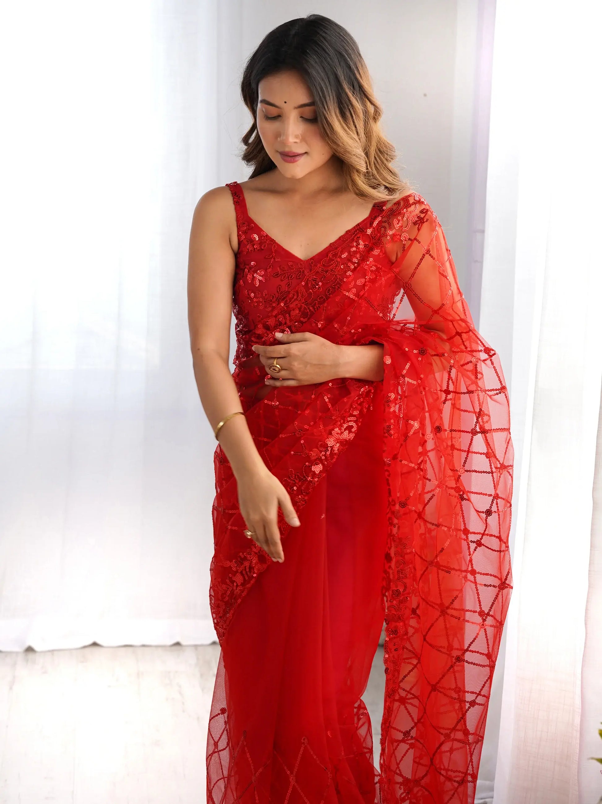 Precious Red Sequins Net Cocktail Party Wear Saree With Blouse - Zeel Clothing