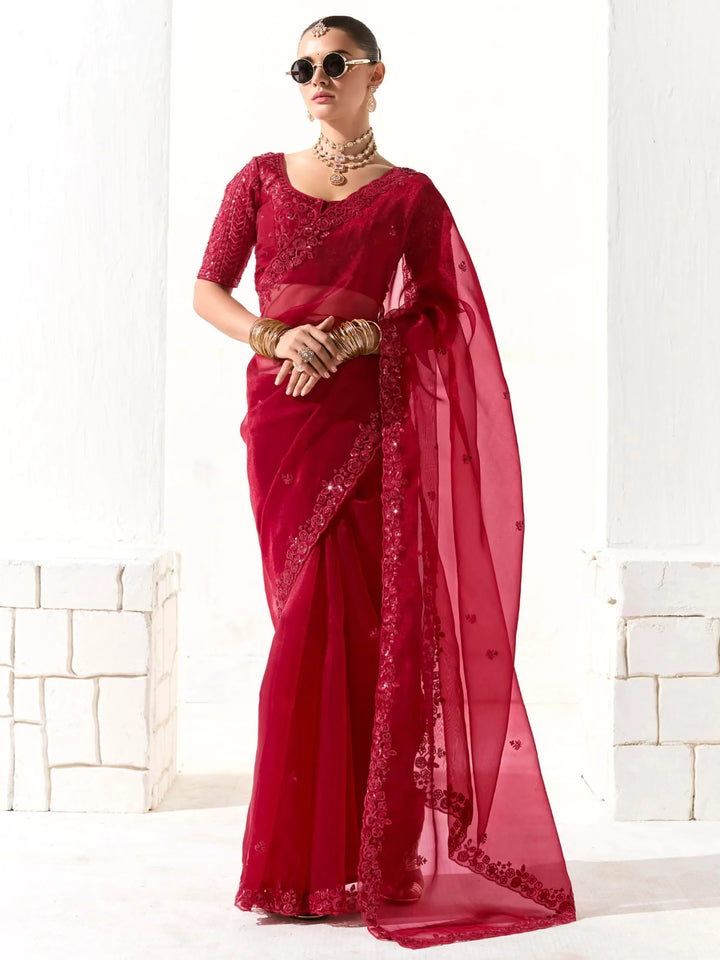 Precious Red Sequins Tissue Silk Party Wear Saree With Blouse - Zeel Clothing