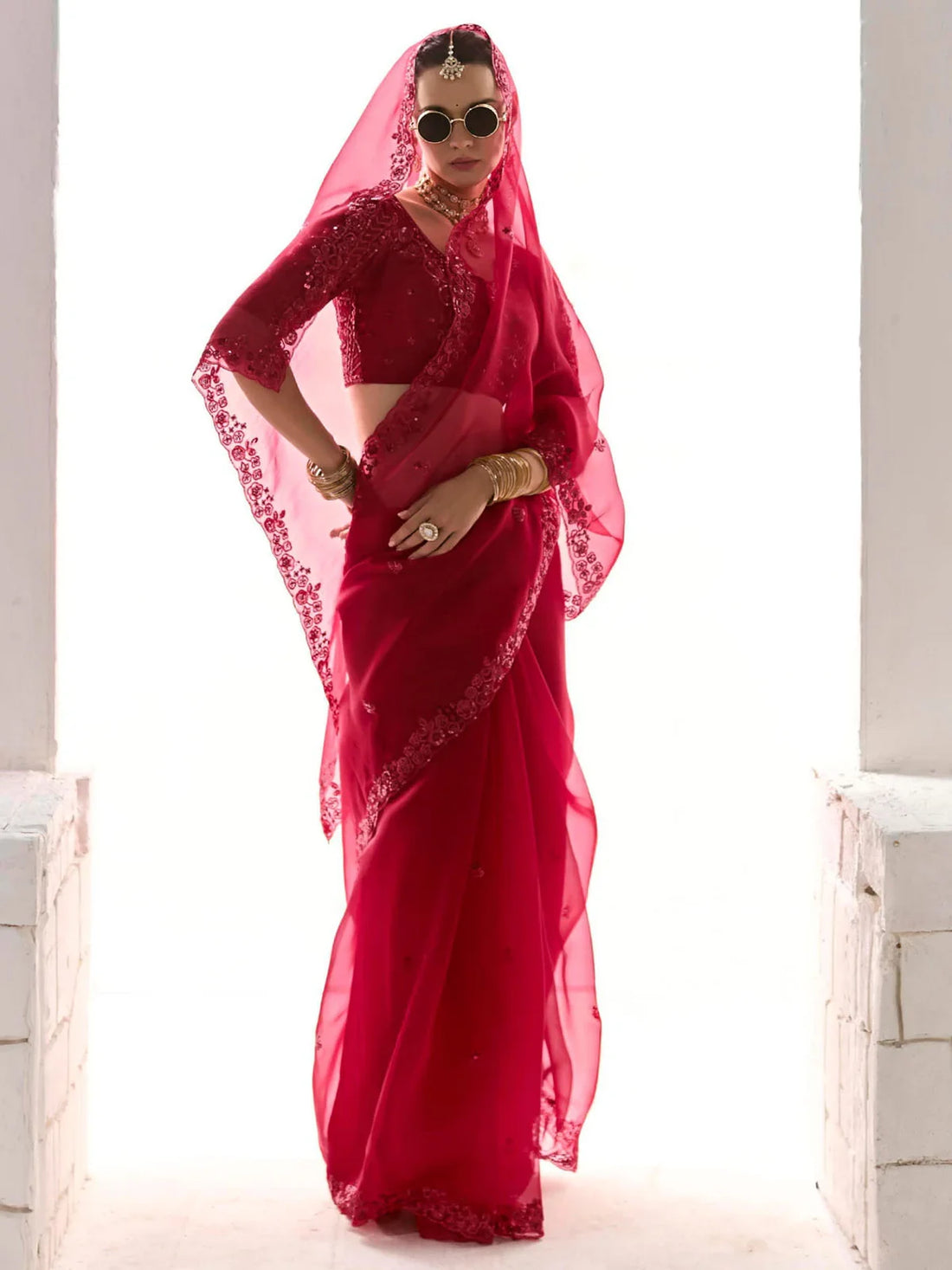 Precious Red Sequins Tissue Silk Party Wear Saree With Blouse - Zeel Clothing