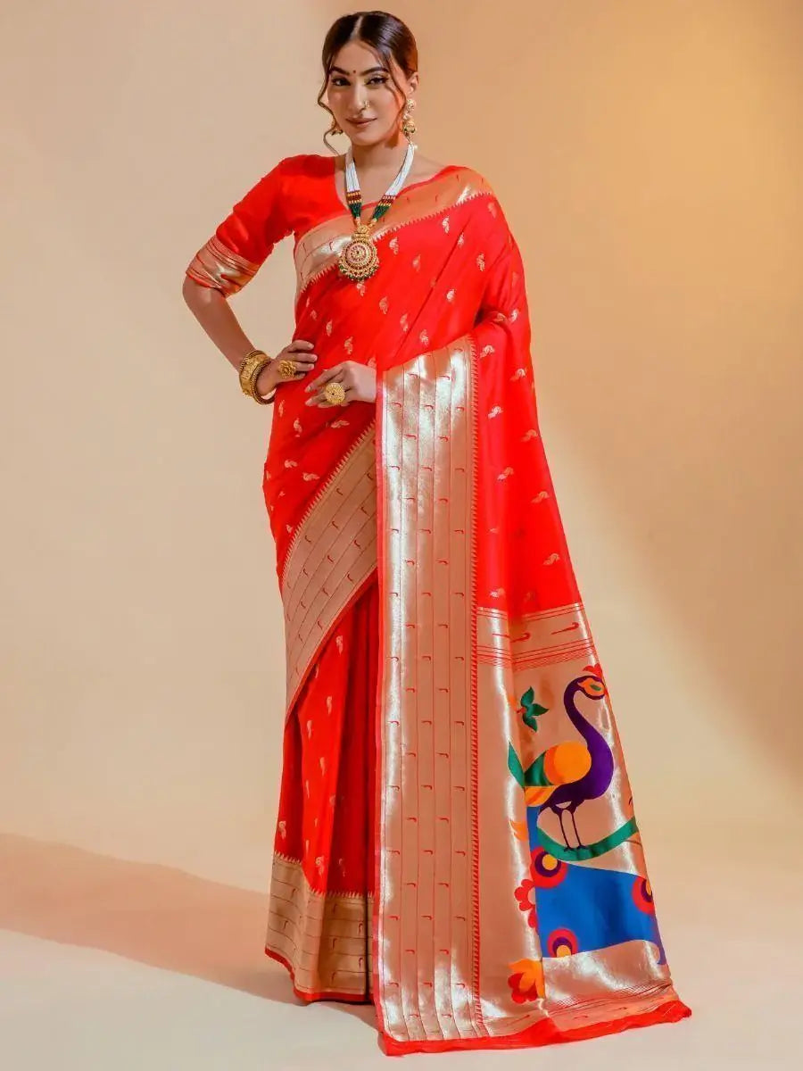 Precious Red Zari Weaving Paithani Silk Wedding Wear Saree - Zeel Clothing