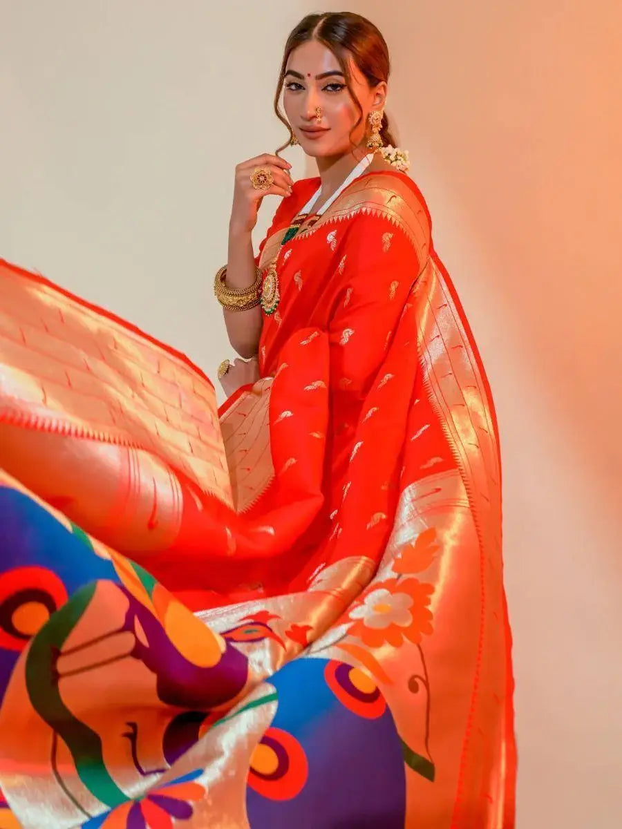 Precious Red Zari Weaving Paithani Silk Wedding Wear Saree - Zeel Clothing