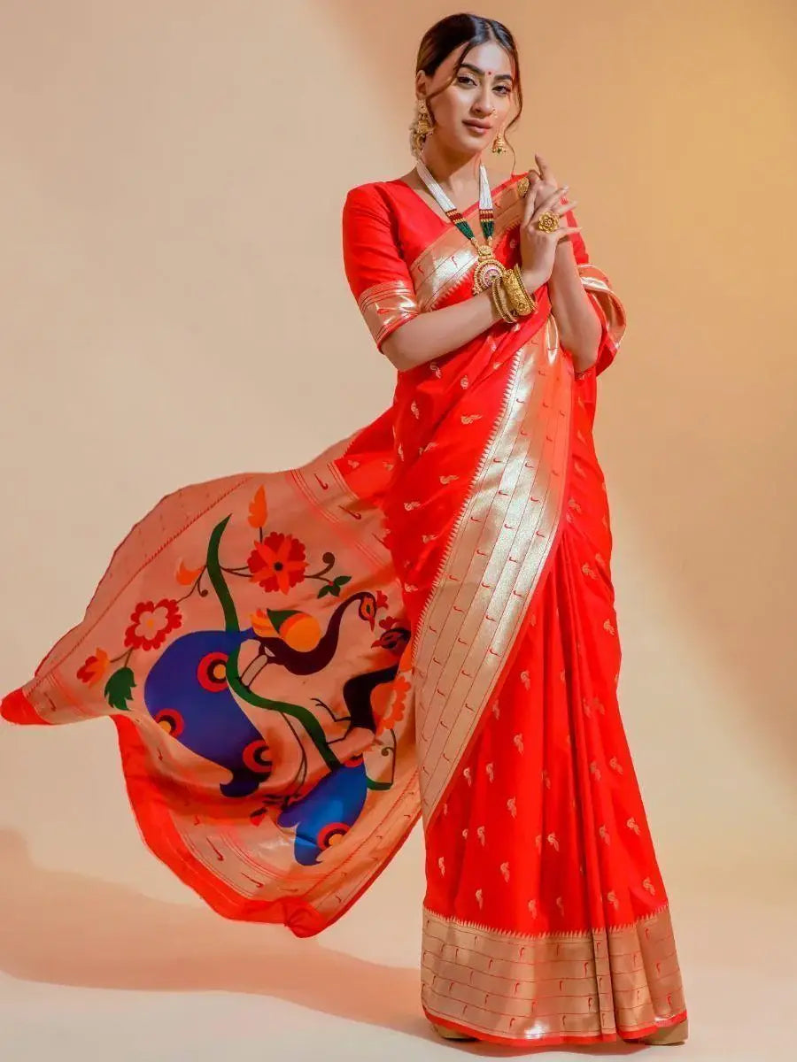 Precious Red Zari Weaving Paithani Silk Wedding Wear Saree - Zeel Clothing