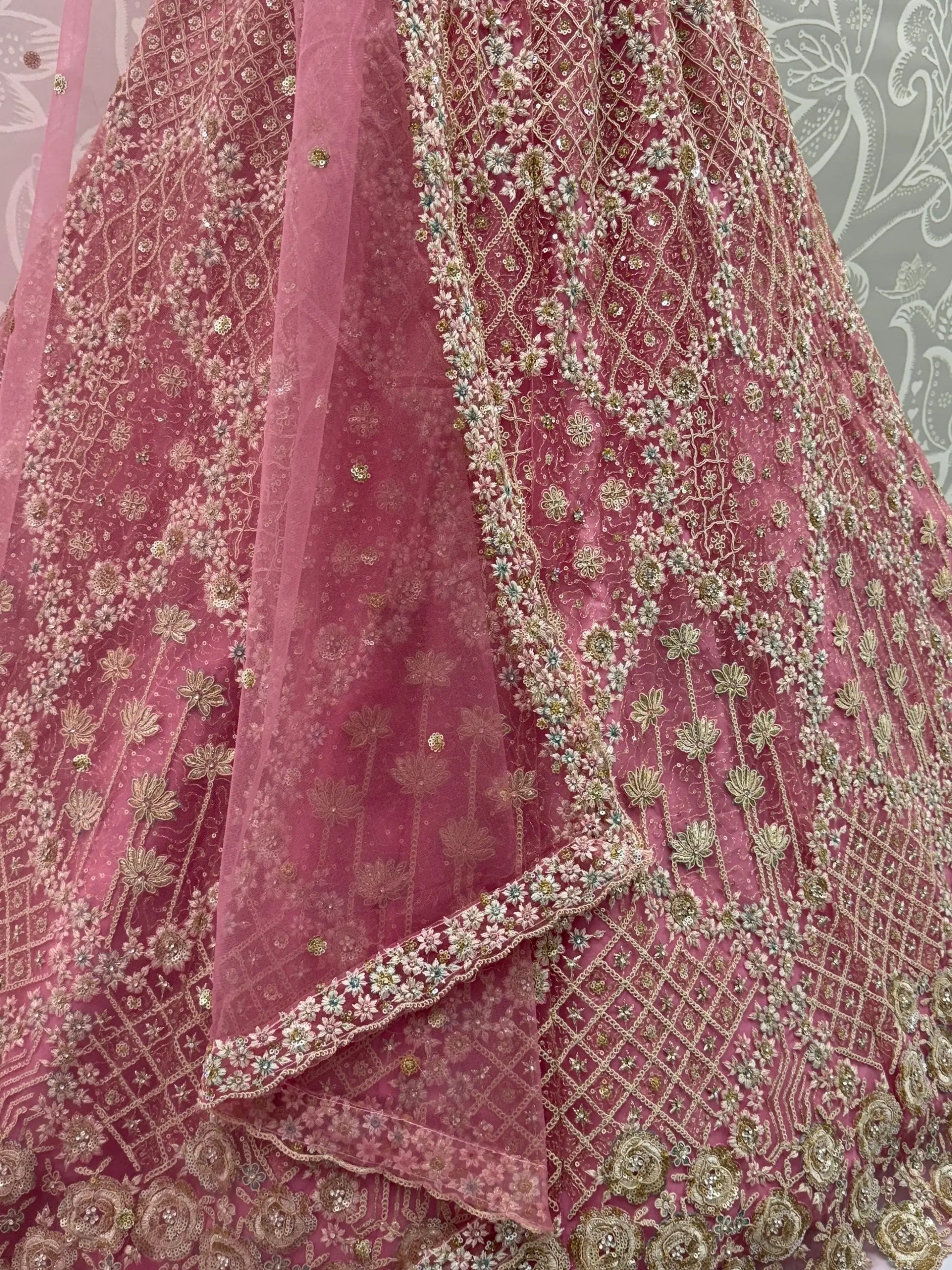 Precious Rose Pink Zircon Work Net Bridesmaid Lehenga Choli With Dupatta - Zeel Clothing