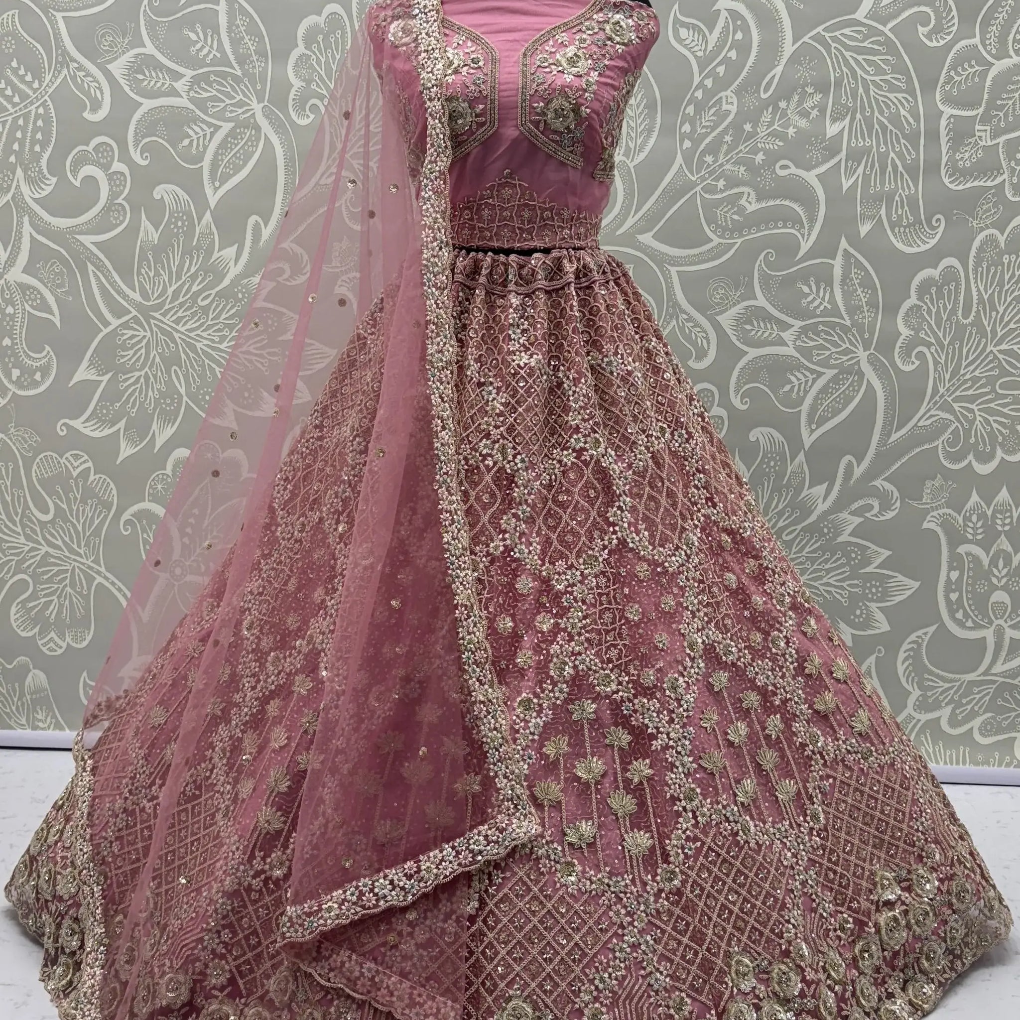 Precious Rose Pink Zircon Work Net Bridesmaid Lehenga Choli With Dupatta - Zeel Clothing